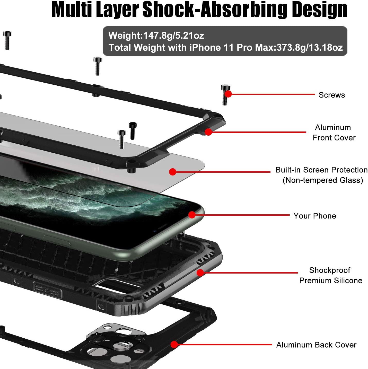 Beasyjoy for iPhone 11 Pro Max Case Waterproof Metal Case Heavy Duty Built-in Screen Full Body Protective Shockproof Military Grade Black