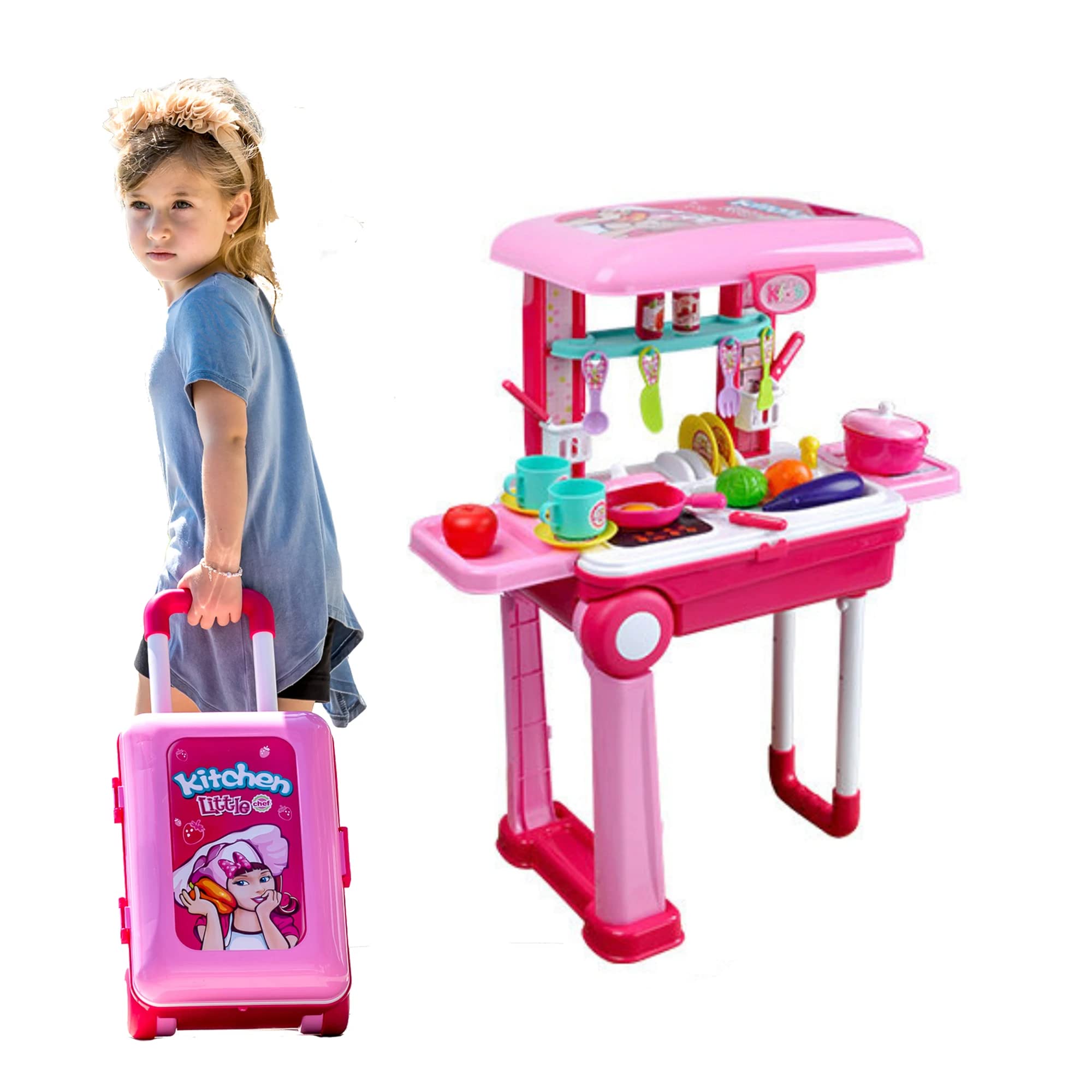 ROYALDEALS - RD Plastic Pretend Play Kitchen Playset For Kids, Little Chef Kitchen Set Toy With Accessories Pots, Pans, Dishes, Cups, Utensils, Food Toys With Adorable Travel Suitcase (B0B31L88Y3) Amazon Price History, Amazon Price Tracker