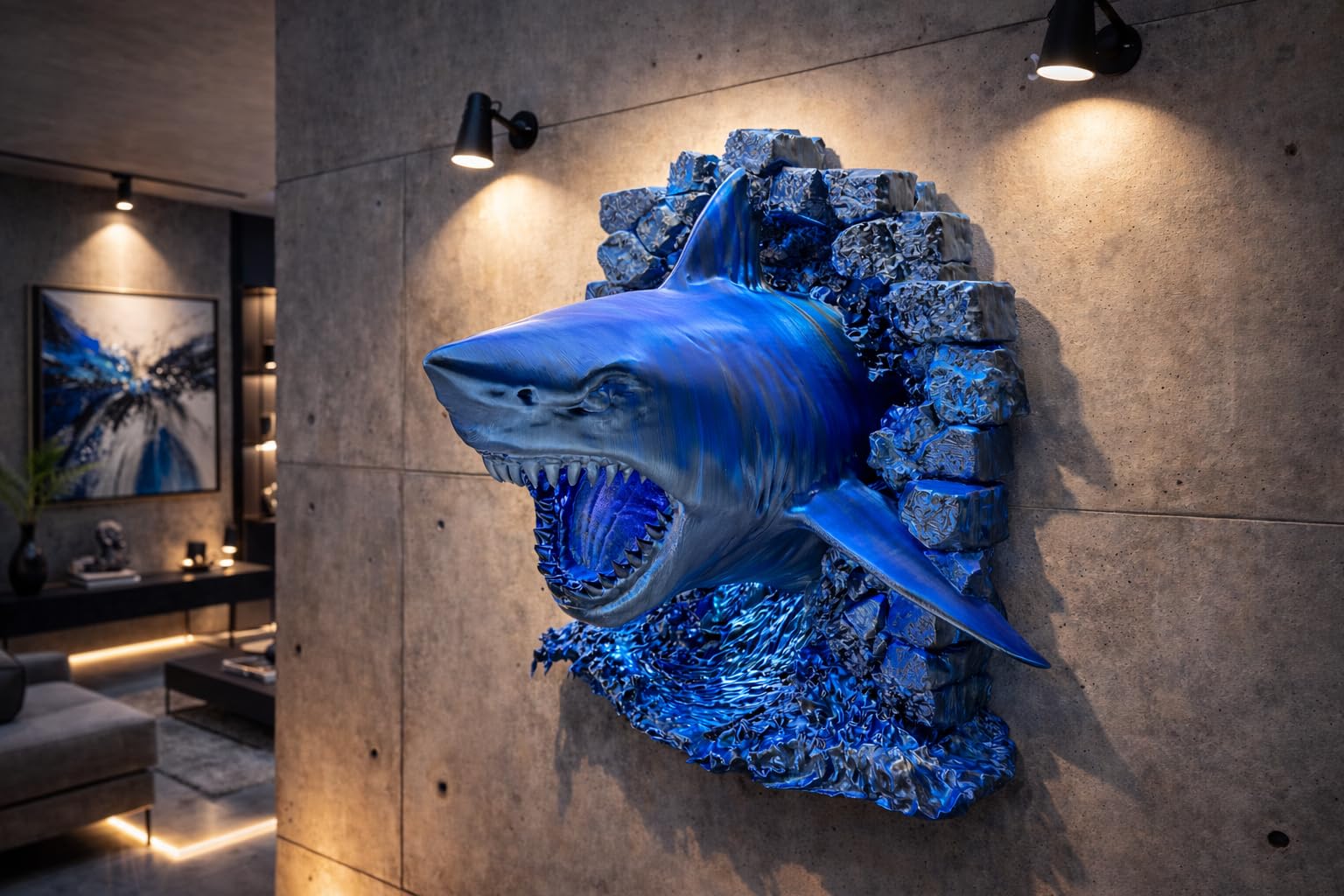 NexHome Scultura Squalo 3D da Parete o Appoggio– Decorazione Moderna di Design per Casa, Ufficio e Gaming Room – Statua Artistica Marina con Effetto Roccia per Arredo Luxury e Contemporaneo (Blu-Nero)