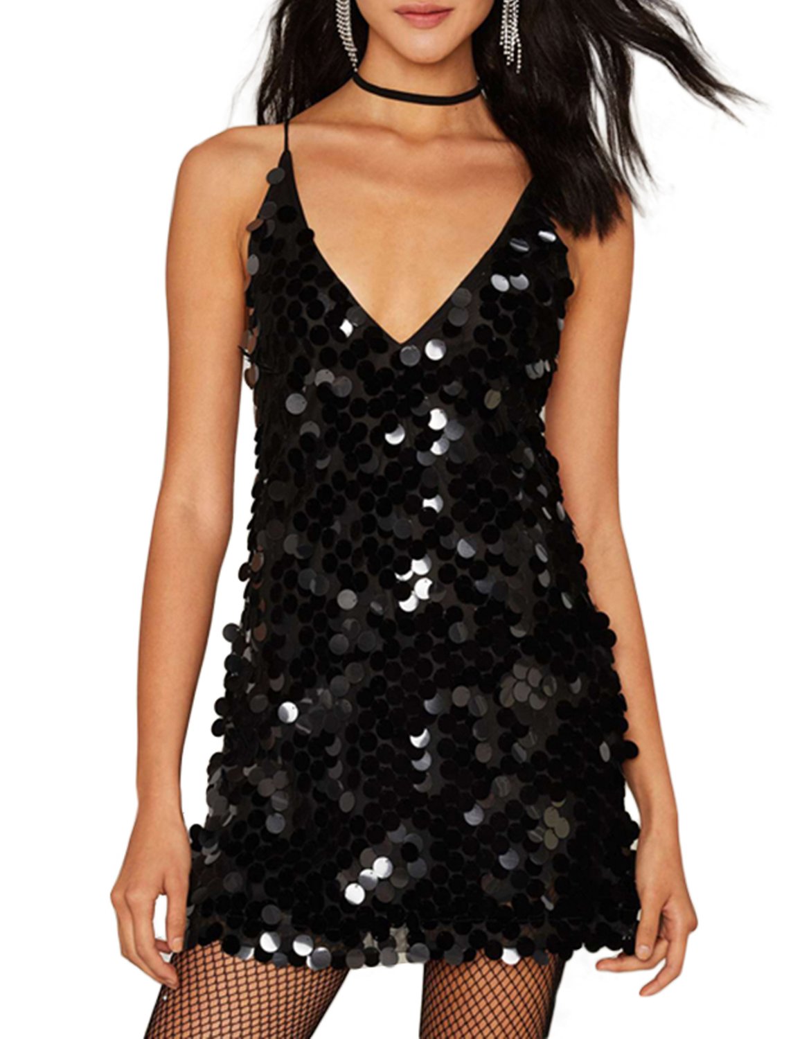 Womens Sparkle Sequin V Neck Spaghetti Strap Mini Party Disco Dress(S,Black)