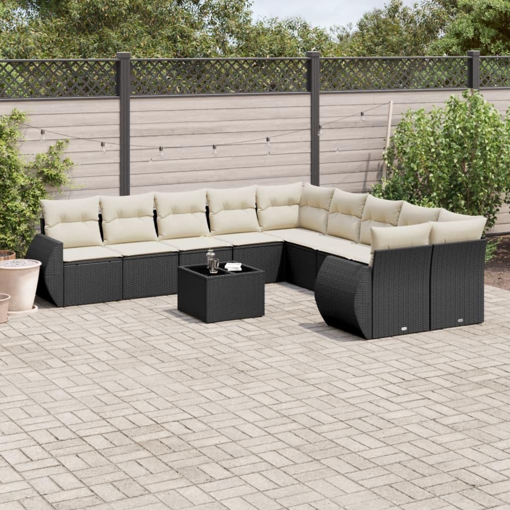 Juego de sofá de jardín de 11 piezas con cojín, negro, poliratán, modular PE Rattan con tablero de vidrio, fundas extraíbles para terraza y balcón, muebles duraderos para exteriores