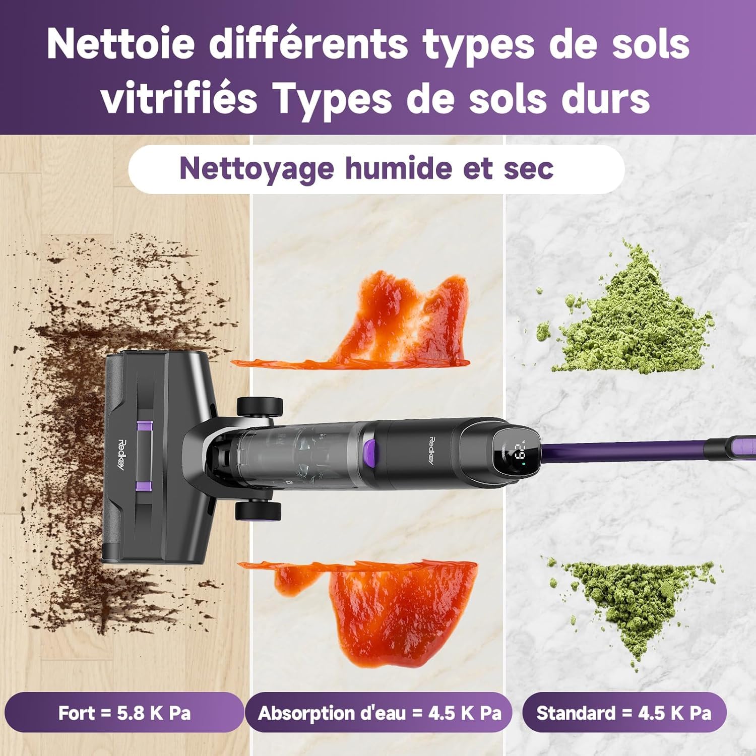 Redkey W15 Aspirateur Balai Laveur sans Fil, 26.000 Pa Balai aspirateur Laveur 3 en 1, Aspiration Puissant Eau et Poussière, 5mm Simple Lamination, Longue Autonomie, LED écran Digital, Auto-Nettoyage