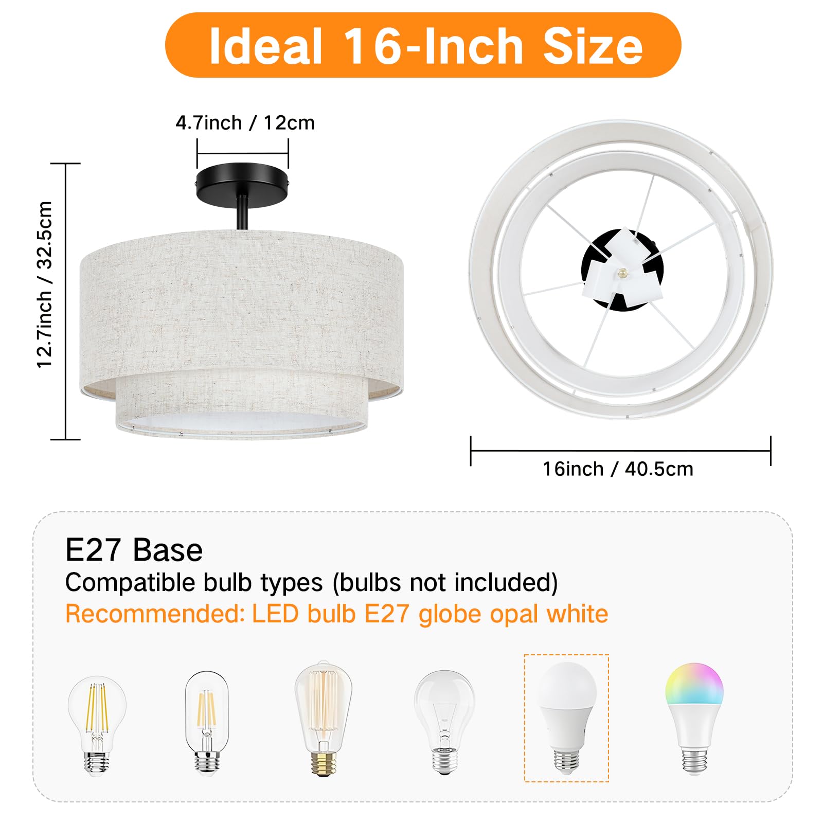 OUTON Plafoniera con Paralume in Tessuto, 3 Luci, Nera, Ø 40,6 cm | Doppio paralume in lino con diffusore interno, 3 attacchi E27, compatibile con lampadine dimmerabili, per ambienti interni