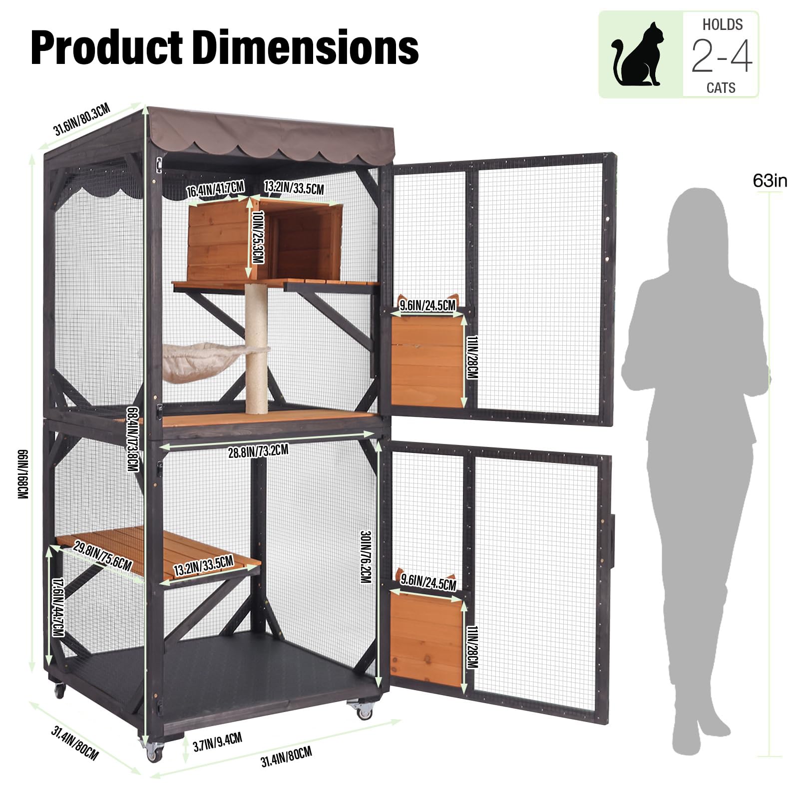 Seiyierr Catio Gabbia per gatti alta 66 pollici, grande casa per gatti su ruote, tetto impermeabile, stile antigraffio e amaca, per esterni, strato in PVC (marrone)