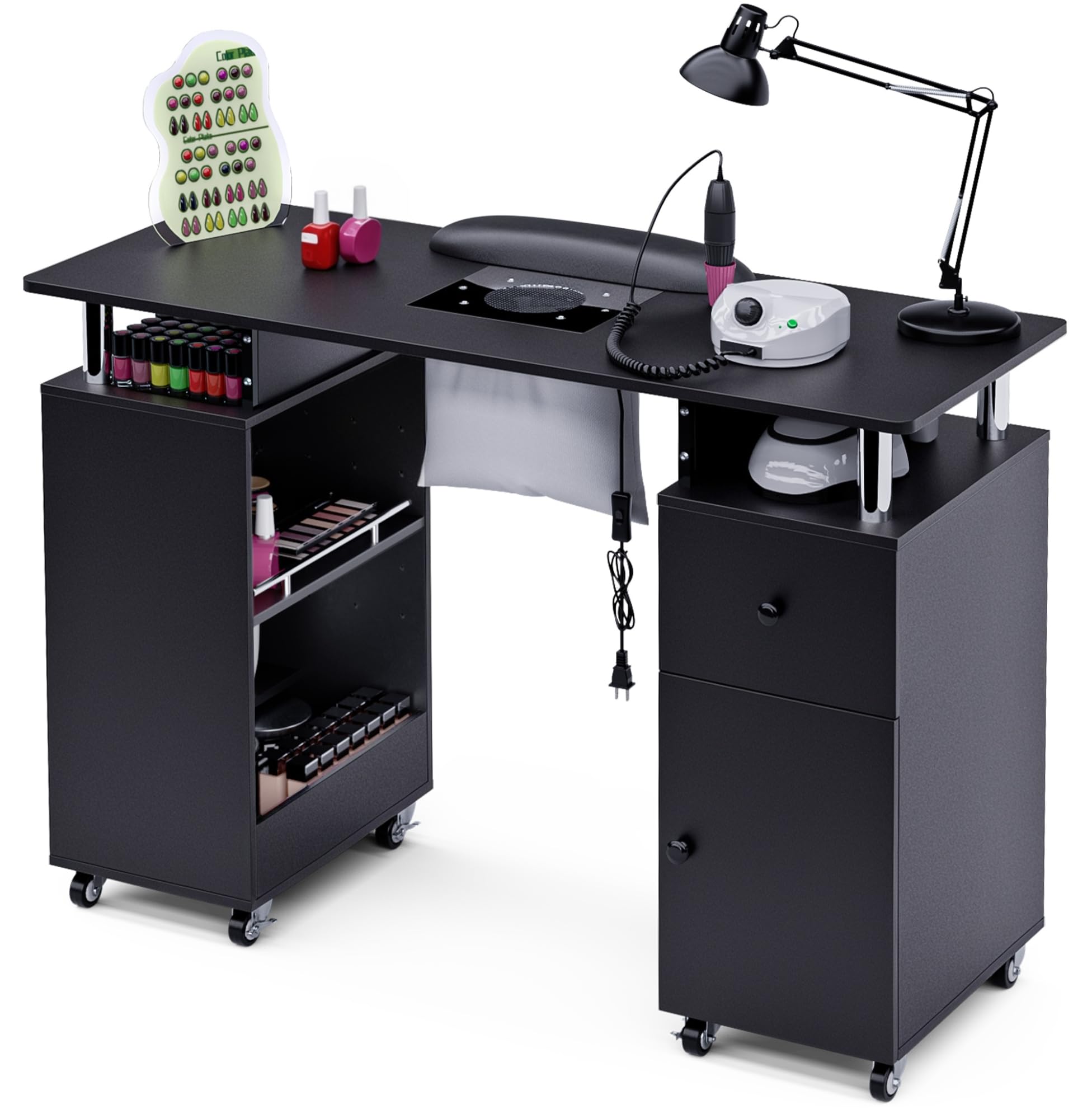 HolaiNail Manicure Table, Nail Desk Nail Tech Table with Dust Collector, Arm Rest, Wheels, Drawer & Cabinet, Beauty Salon Station, Black
