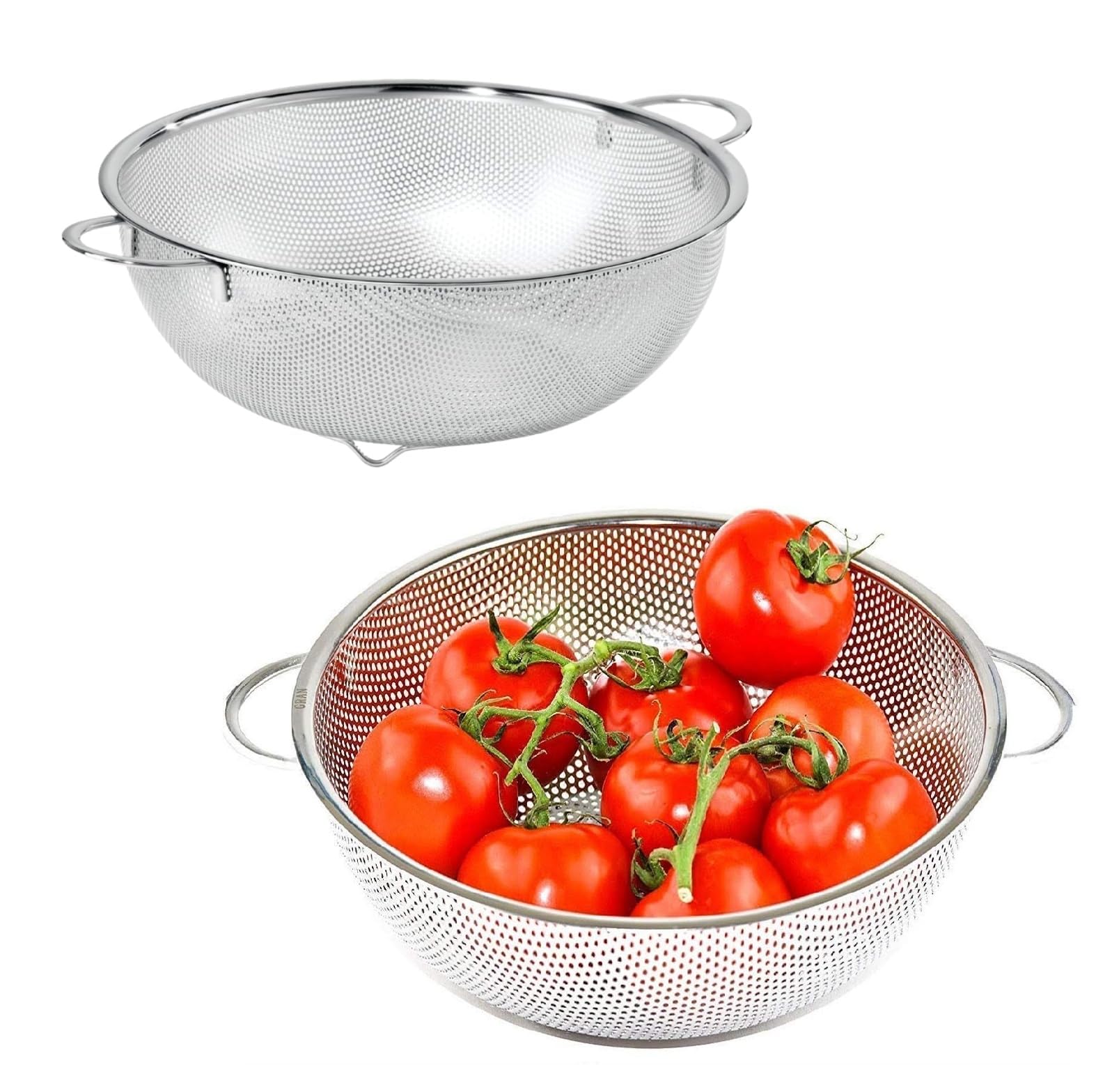 Multipurpose Stainless Steel Colander Kitchen Strainer Sieve With Handle For Rinsing Rice, Fruits, Vegetables Washing Basket to Filter - Medium 28.5x10 Cm (Pack of 2),Silver