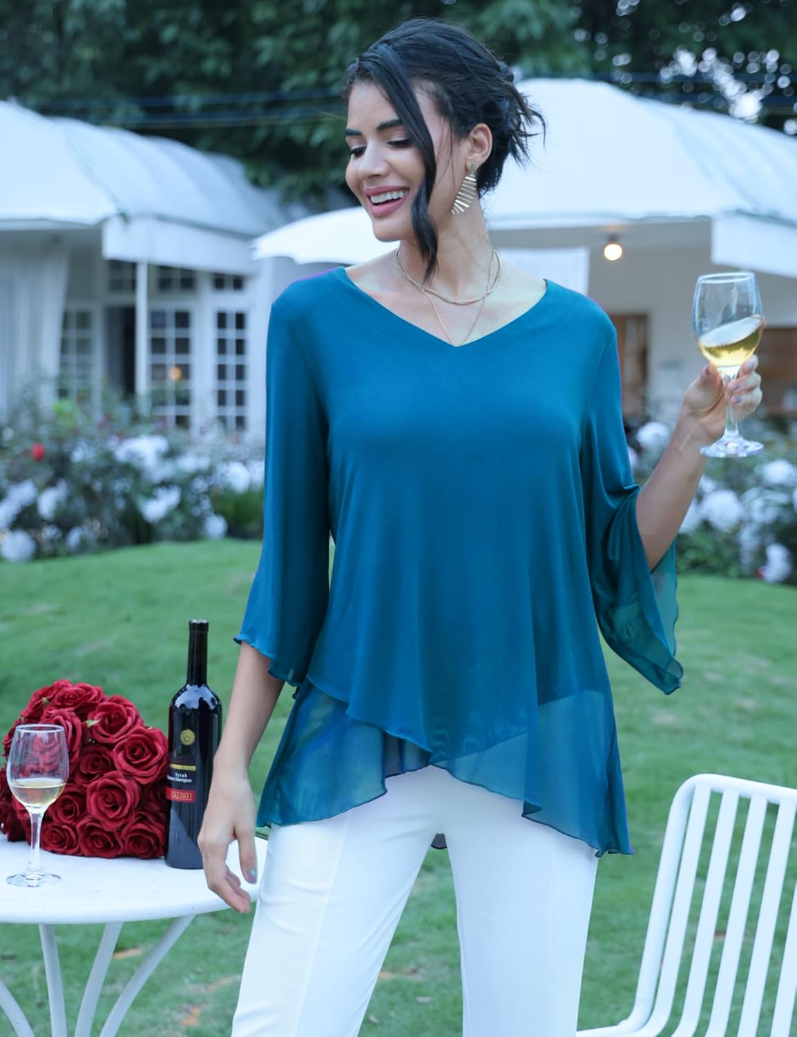 Miusey Dressy Tunic Tops For Women Elegant 3/4 Bell Sleeve Blouse Flowy Mesh Top - Image 4