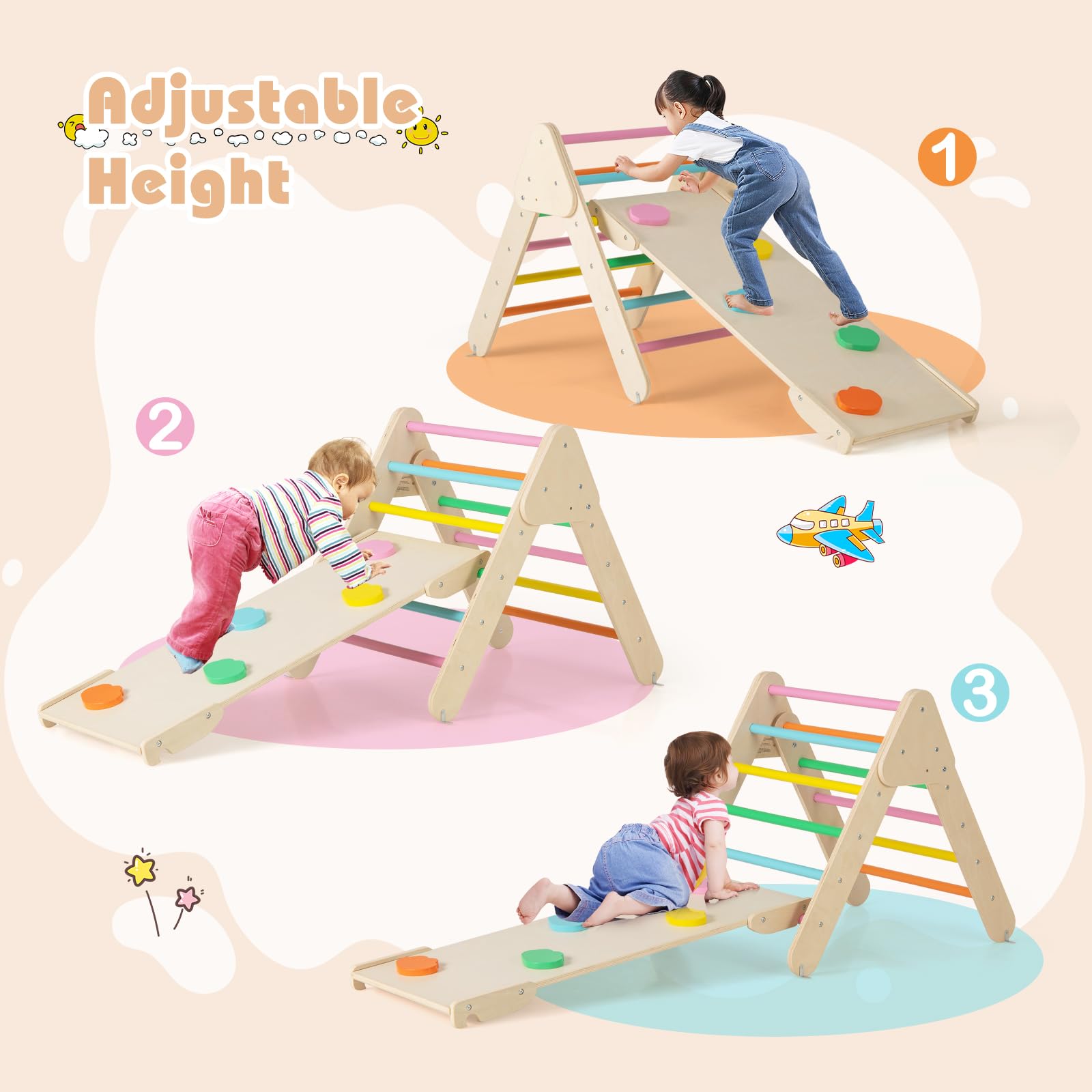 Fantask Struttura da arrampicata 4 in 1 legno con scivolo triangolo arco altalene per bambini 1 anno