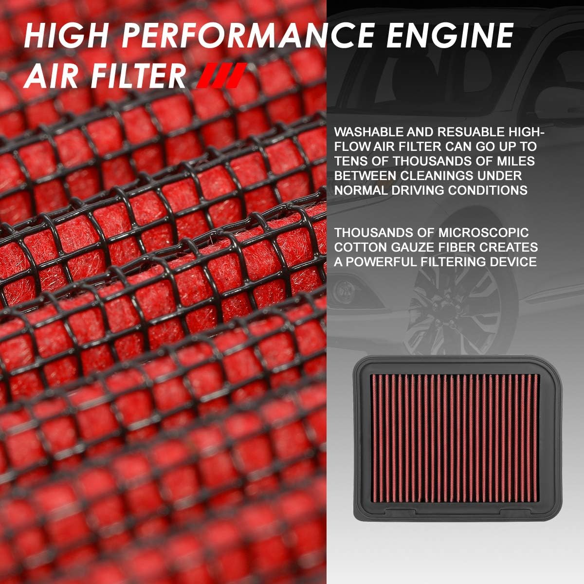 Auto Dynasty High Flow Engine Air Panel Filter Drop-in Reusable & Washable Compatible with Mitsubishi Grandis Lancer outlander sport RVR 2.0 2.4L I4 2007-2020 (Red)