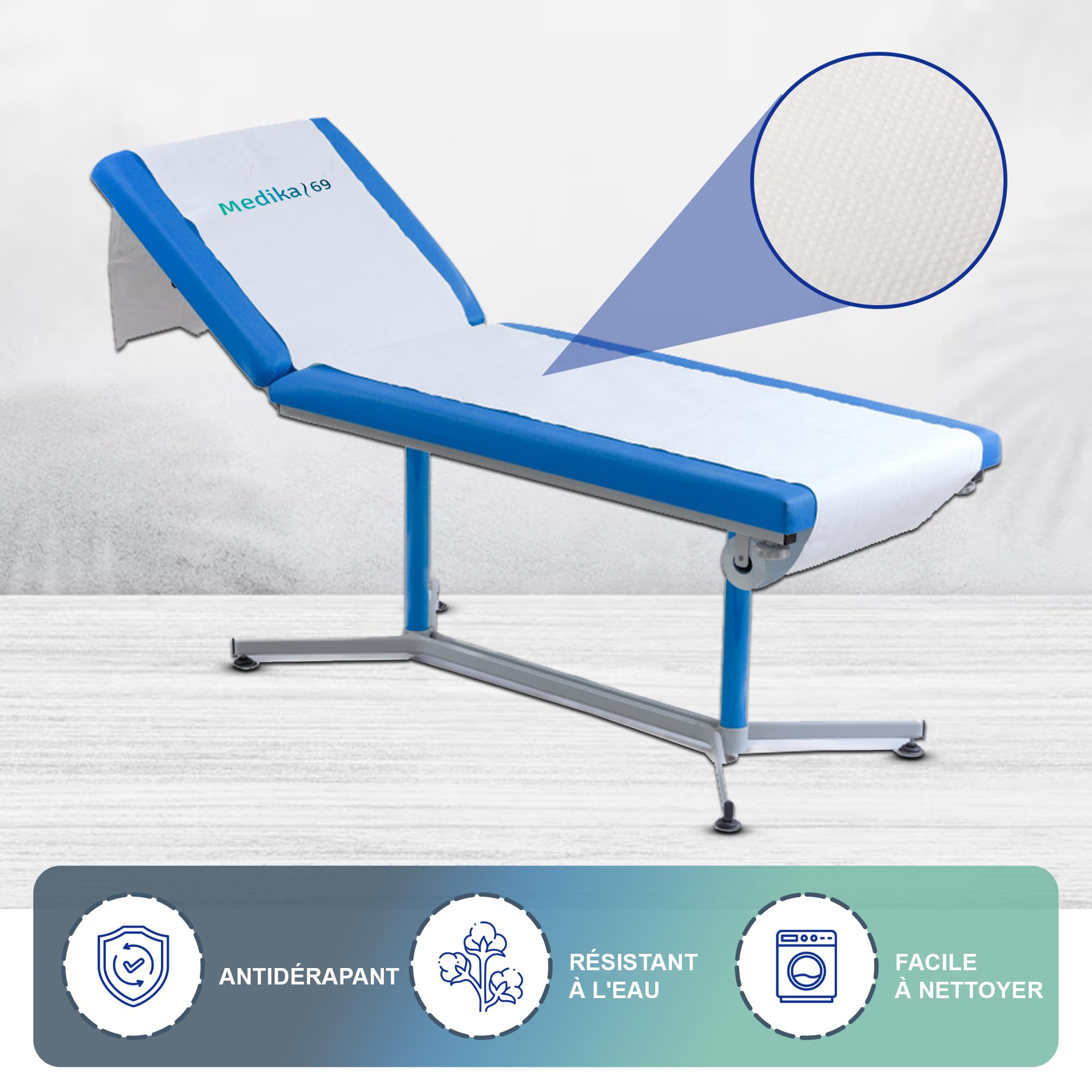 Draps d'examen gauffre point à point pure ouate 2x17.5g/m² - Carton de 9 rouleaux - 2 plis - 121 formats 50x37cm - DRP-MDK9001- Certifié France Medical Industrie