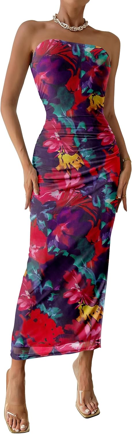 PRETTYGARDEN Women's Summer Wedding Guest Dress Strapless Tube Top Maxi Bodycon Long Floral Mesh Beach Vacation Party Dresses