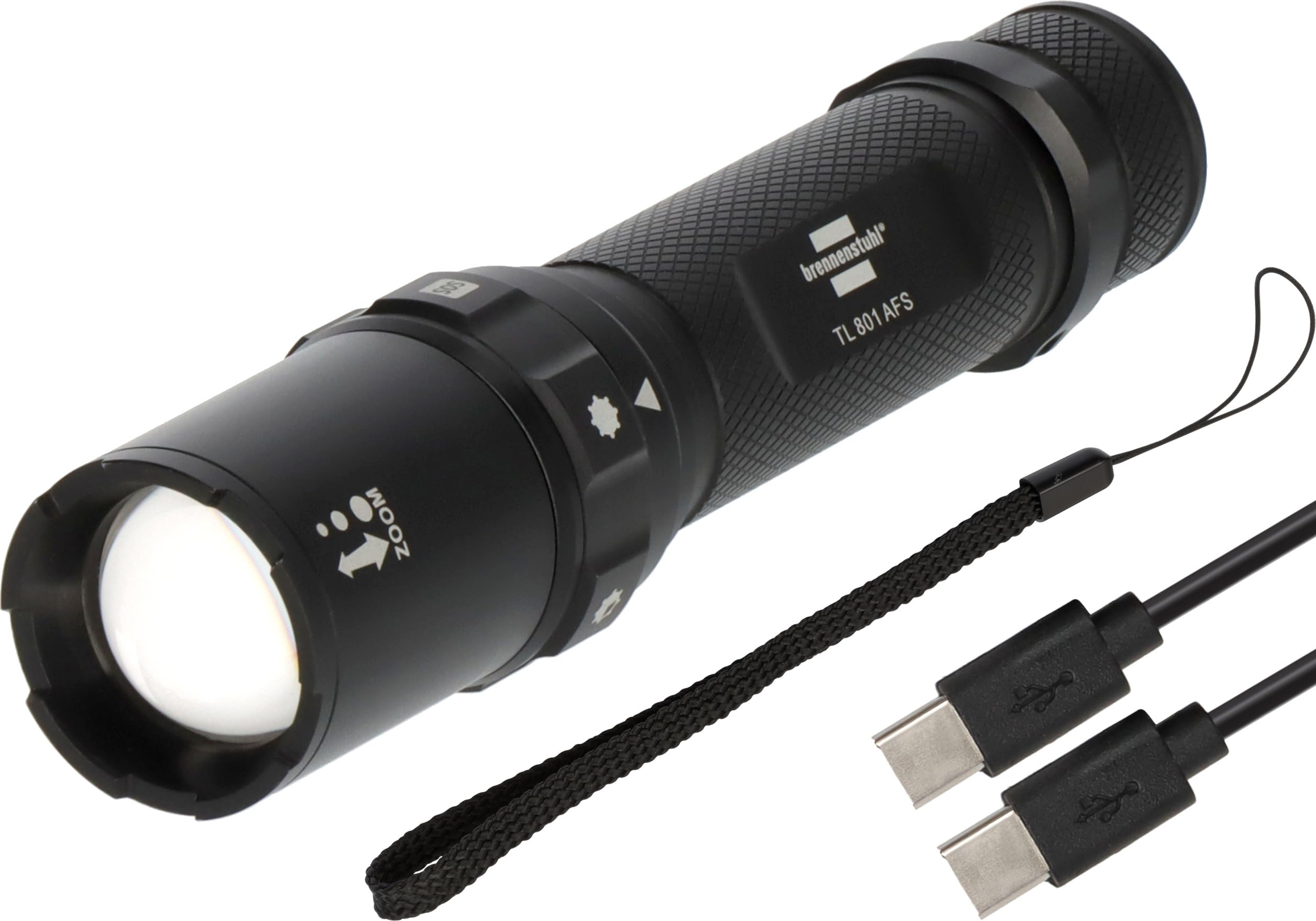 Brennenstuhl Lampe torche LED rechargeable TL 801 AFS IP44 (800 lm, 230 m, focalisable, max. 42 h, 6 modes avec SOS et stroboscope, lampe de poche extérieure IP44 avec câble de charge USB C)