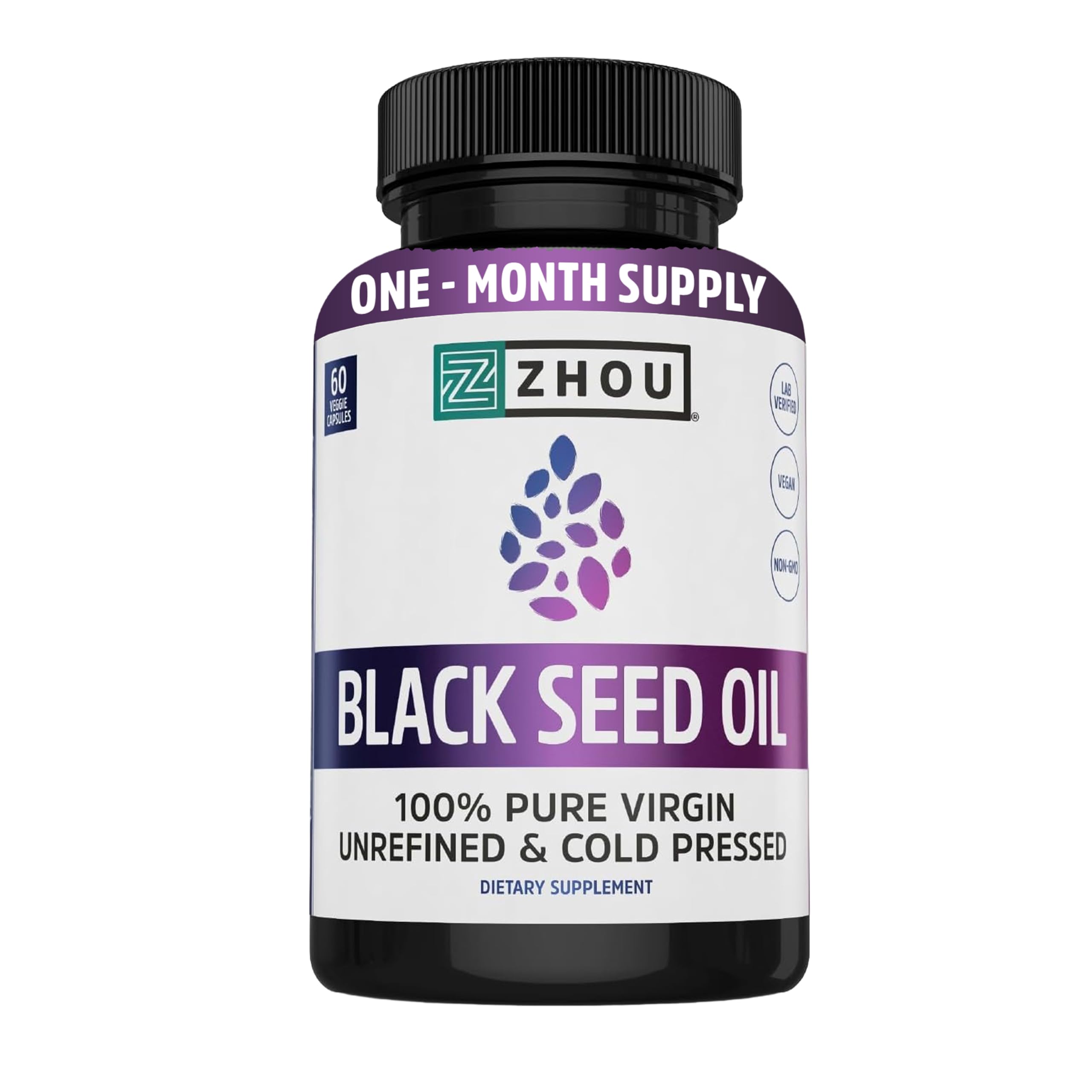 ZHOU Black Seed Oil Capsules - Black Cumin Seed Oil Cold Pressed, Nigella Sativa, Pure Unrefined Blackseed, Premium Supplement for Health, Hair & Skin w/Thymoquinone - 60 Capsules (Pack of 1)USDA Organic