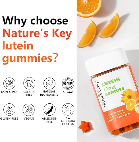 Miniatura 7 de Nature's Key Gomitas de luteína de 12 mg con zeaxantina y vitamina A para niños y adultos  Suplemento de salud ocular y función cerebral  Sabor a