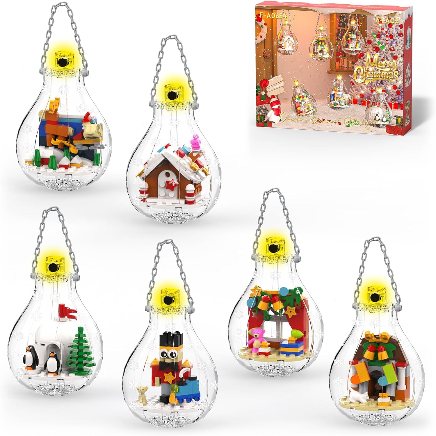aphpaio Christmas Tree Ornaments Building Blocks Christmas, 2025 Christmas Decorations Ball Toys Included Santa Reindeer Nutcracker Gnome Penguin, Xmas Ornaments for Indoor Outdoor 5packs