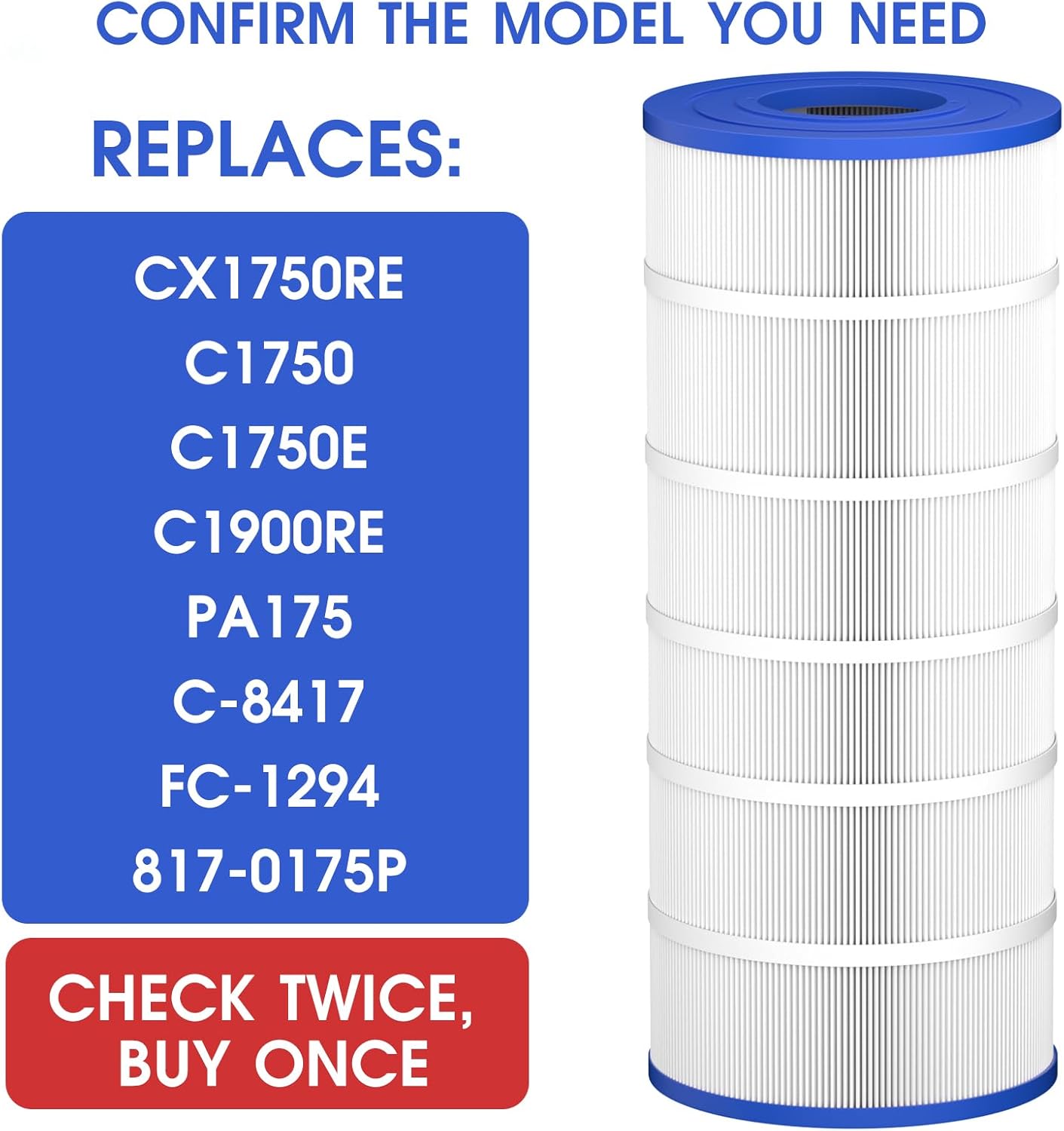 TidyMister Advanced Pool Filter Cartridge TM-8417 Compatible with CX1750RE, C1750, C1750E, C1900RE, PA175, C-8417, FC-1294, 817-0175P, L x OD: 28 3/16" x 8 15/16",175 Sq. Ft,1 Pack