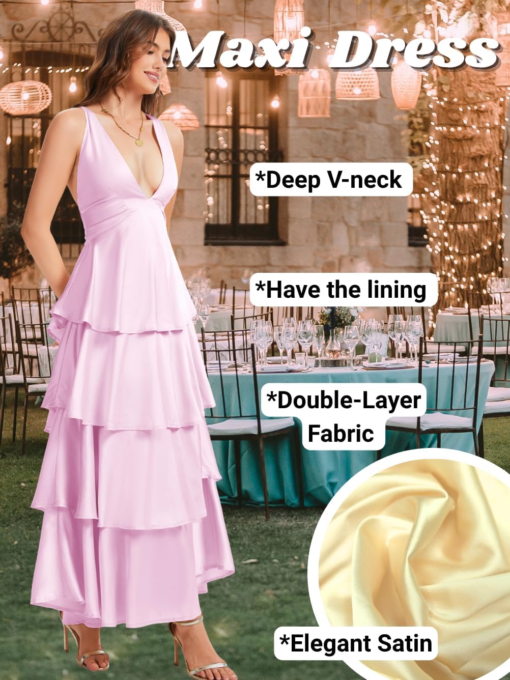 Ruffle Tiered Maxi Dress,Deep V Backless Satin Formal Dresses Women,Homecoming Cocktail Wedding Guest Outfits - Image 3