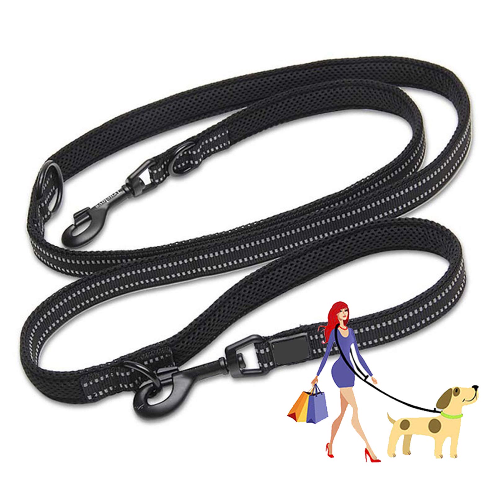 PJDDP Dog Lead Hands Free Dog Leash,Double Ended Dog Training Lead, Multifunctional Strong Nylon Reflective Rope for Running Walking Hiking Biking for Large Dogs Or Medium Dogs,Black,S