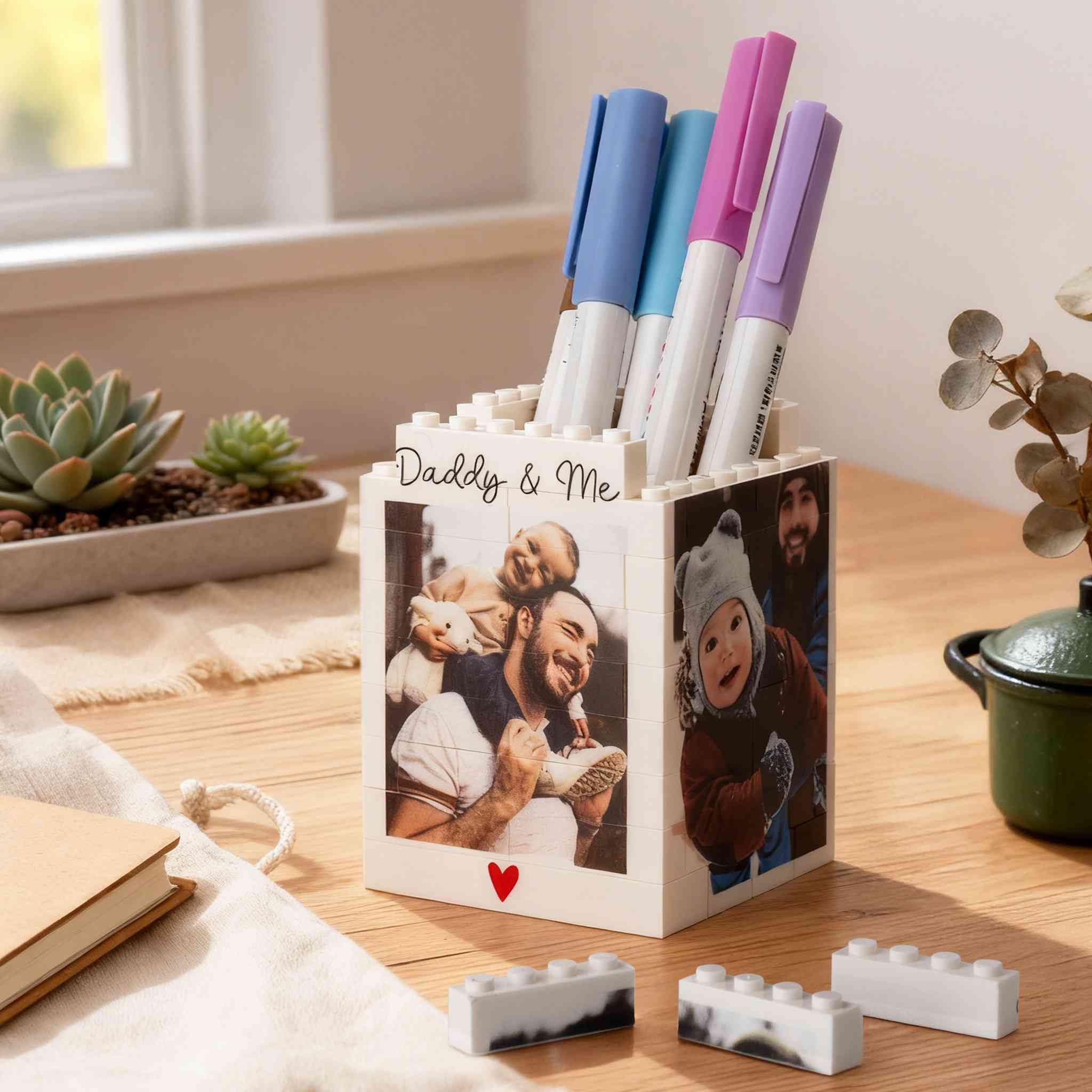 Porte-crayons personnalisé en briques avec photo, texte et images personnalisés - Organiseur de bureau créatif - Boîte à crayons - Fournitures de bureau à domicile - Cadeau pour homme, femme, papa