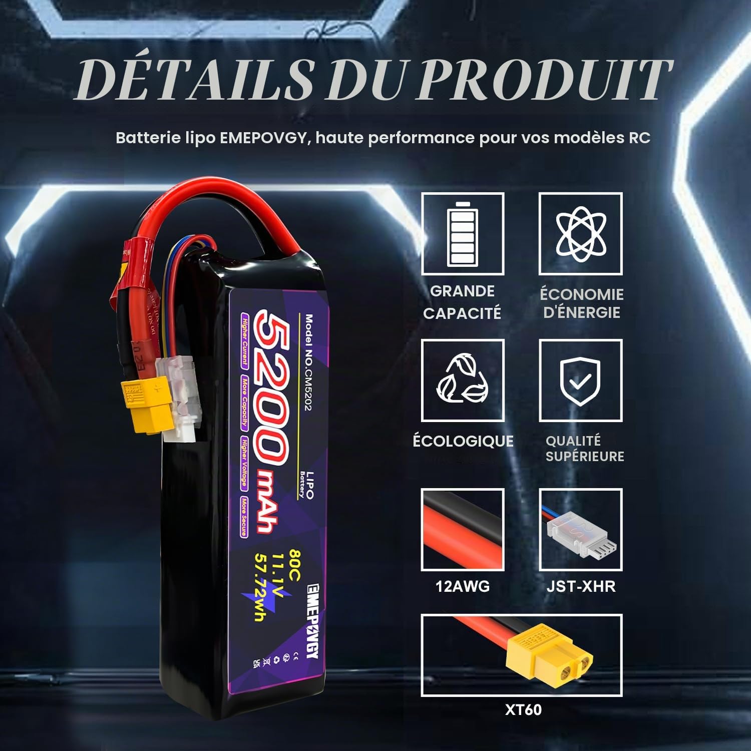 Lot de 2 batteries Lipo 11,1 V 3S 5200 mAh 80 C Lipos Étui souple avec connecteur XT60 pour voiture, avion, hélicoptère, bateau, course RC Hobby
