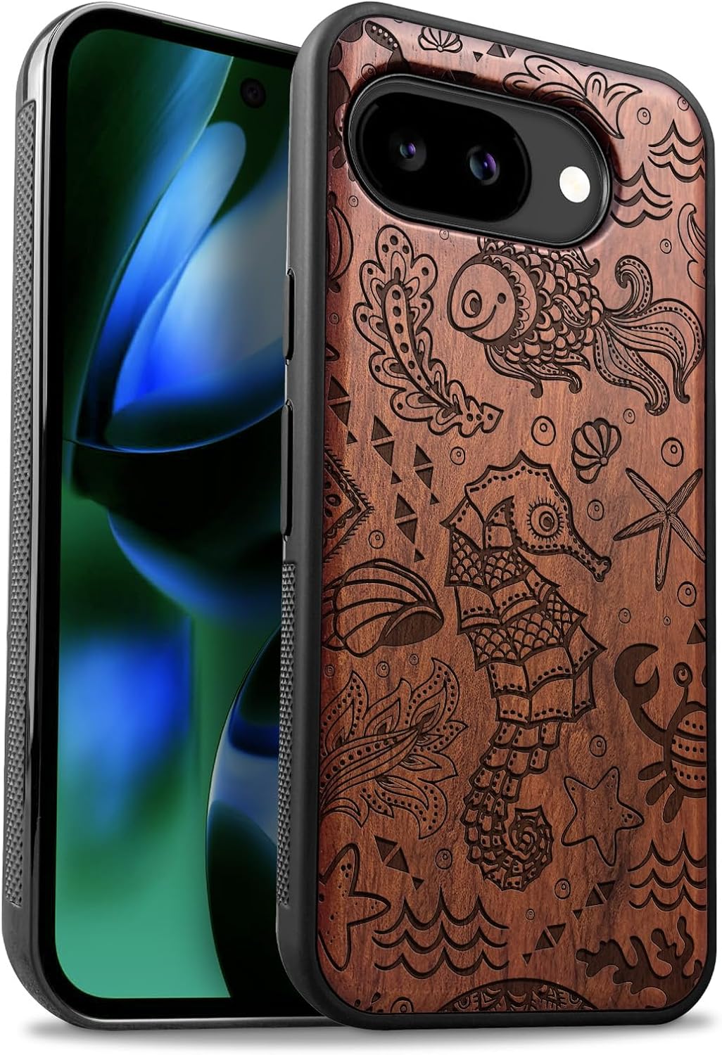 Carveit Magnetic Wooden Case for Google Pixel 10a Case, Wood Artisan Engraved & Soft TPU Shockproof Cover, Compatible with MagSafe Wireless Chargers (Seahorse Aquatic Symphony) Blackwood
