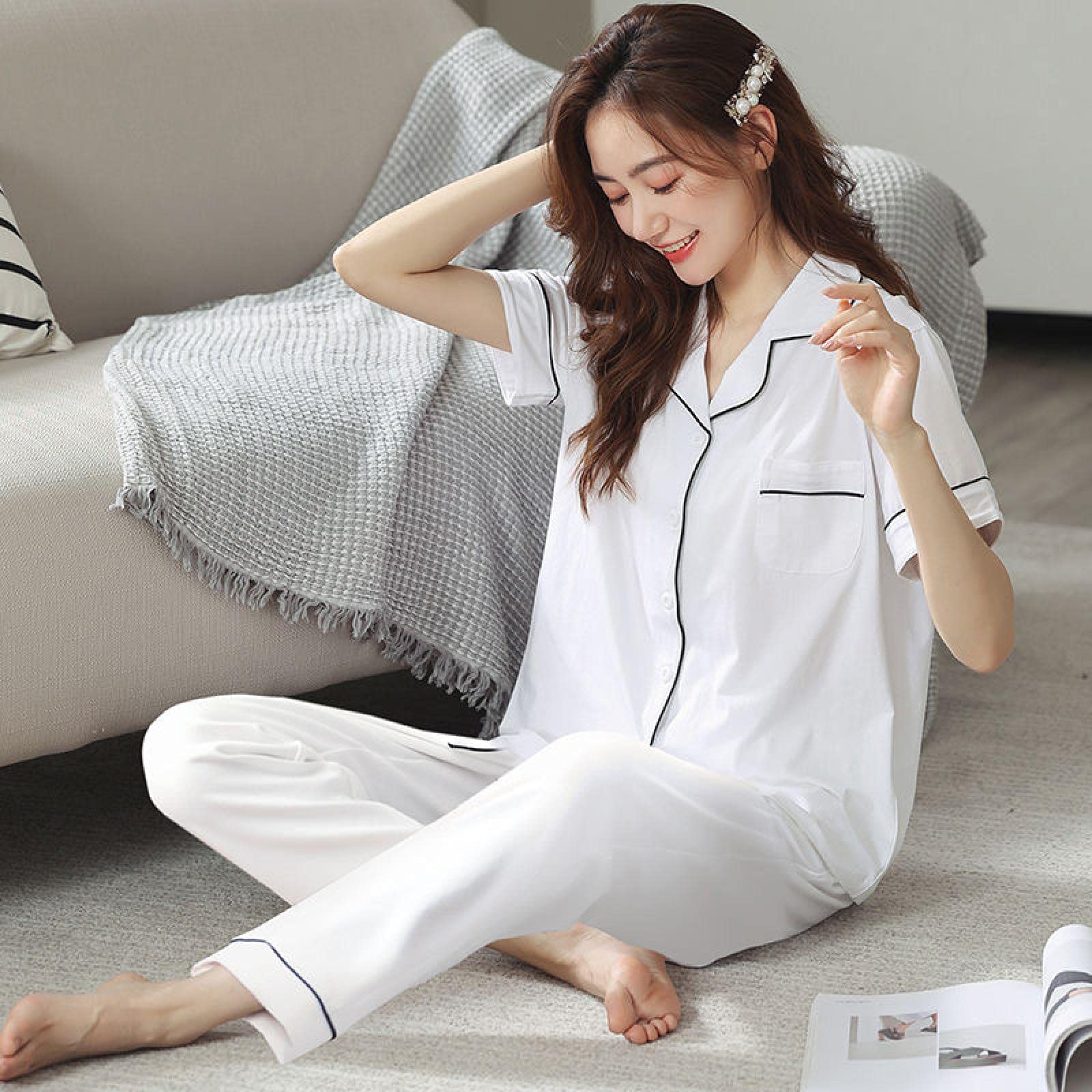 Un Pijama Cómodo Pijamas De Mujer Pijamas De Mujer Pijamas De Mujer Conjunto De Pijamas De Algodón 100% De Manga Corta Pijama De Dormir Cuna Pura,White-XXL