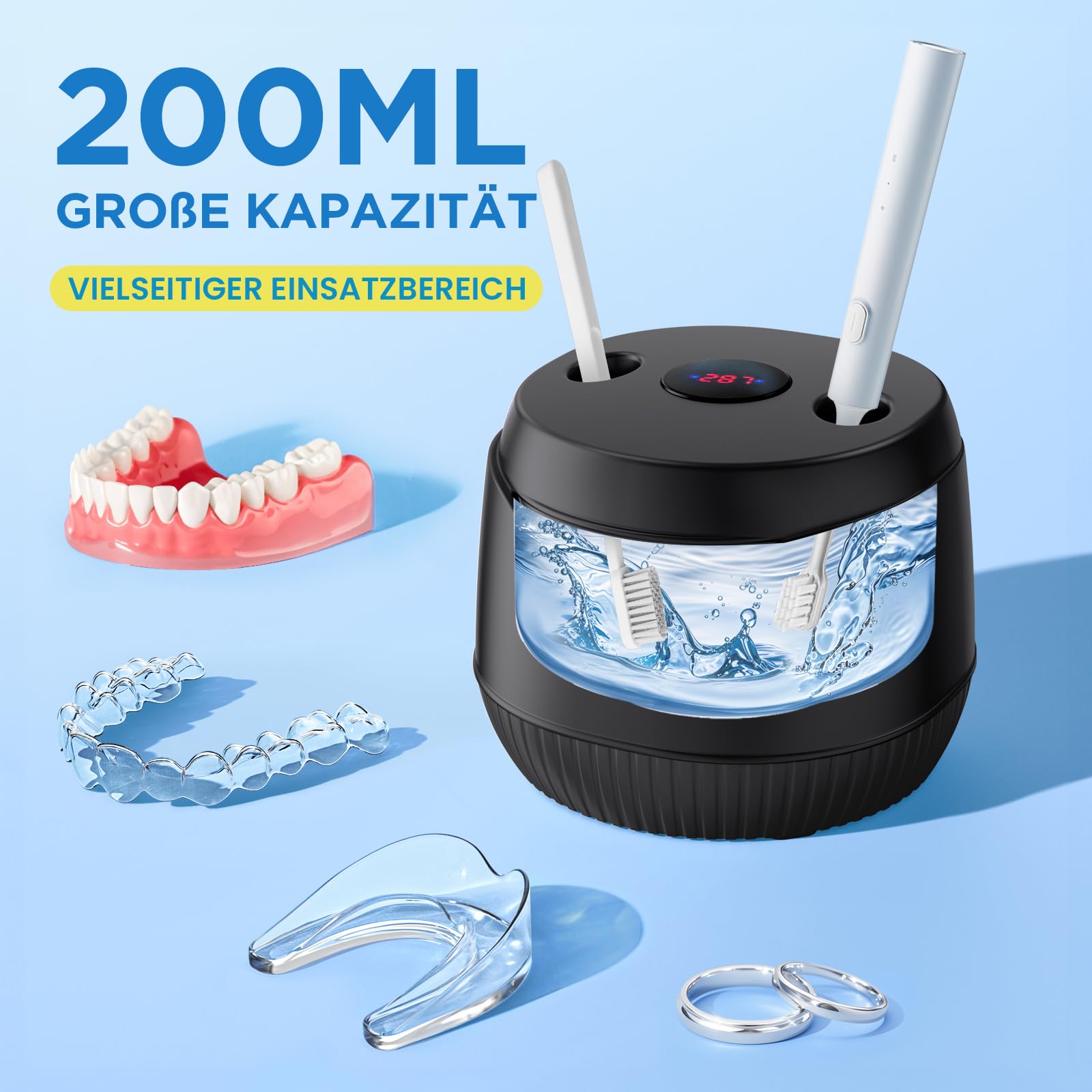 Limpiador ultrasónico 45000 Hz UV ultrasónico 200 ml Dental Pod – Limpiador ultrasónico para retenedores, alineadores, férulas dentales, prótesis, joyas con temporizador digital (negro)