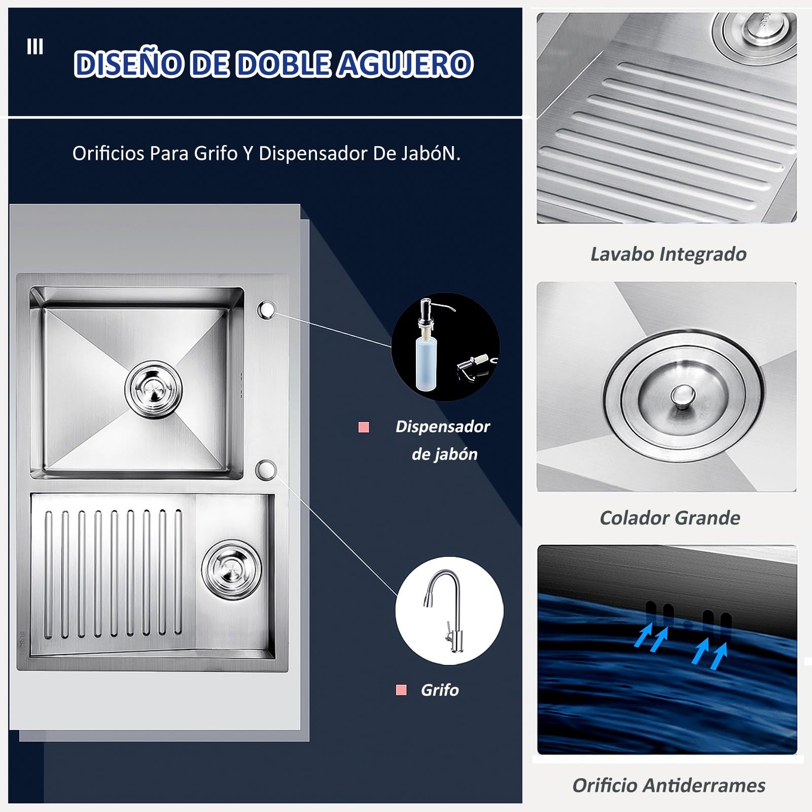 Lavadero Ropa a Mano 60x48cm, Lavandería de Acero Inoxidable 304, Con Grifo, y Kits de Drenaje, Lavadero Pila Exterior, Pila de Lavar, Fregadero Cocina, Lavanderia Lavabo, Fregadero Exterior, Right