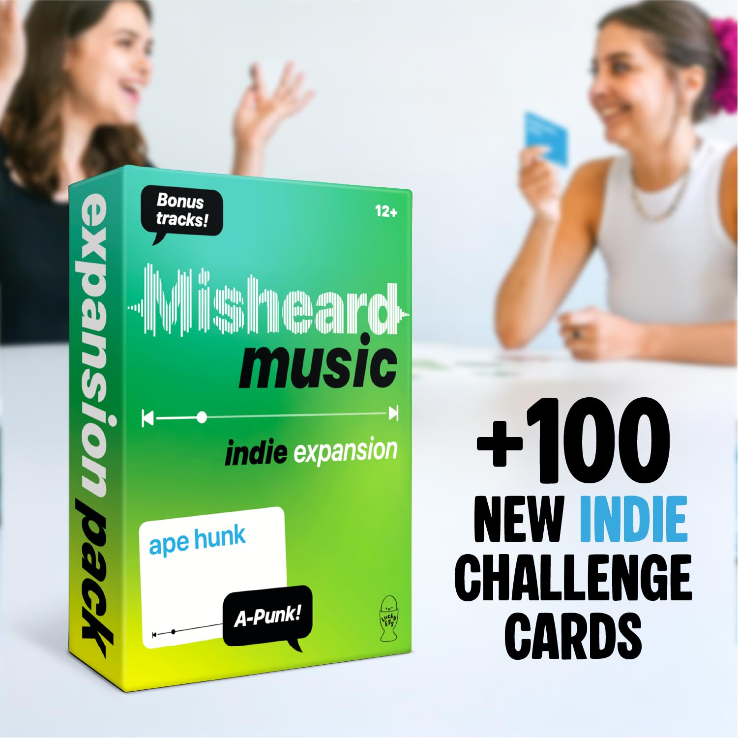 Lucky Egg Misheard Music: Indie Expansion – dodatek do oryginalnej gry muzycznej Misheard, 100 niezależnych lirycznych kart nonsensów, wymagana gra podstawowa