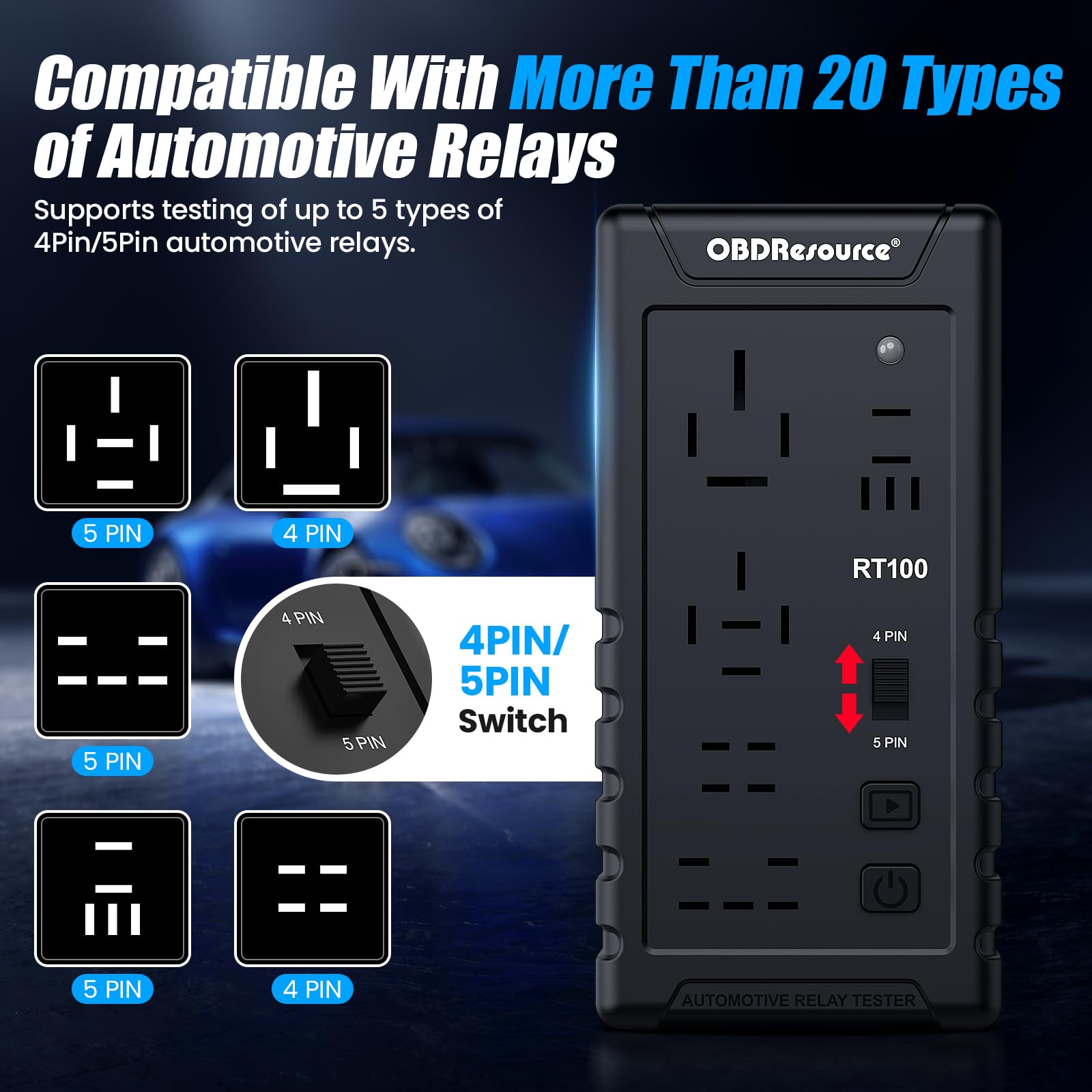 OBDResource 12 V/24 V Relè tester wireless, 4 pin/5 pin, strumento diagnostico per 10 relè in 5 diverse posizioni del piede per auto