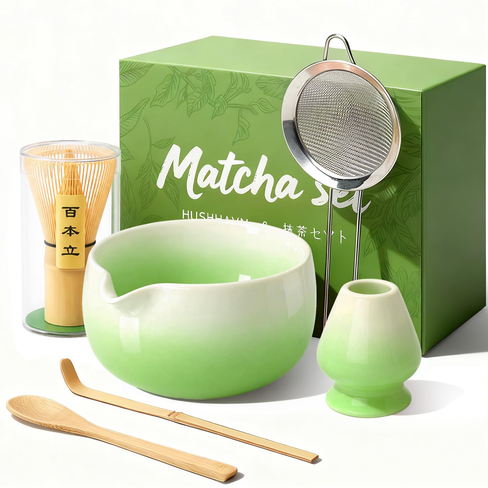 Photo 1 of HUSHHAVN Matcha Whisk Set, Ceramic Matcha Set Includes Bowl & Holder, Bamboo Whisk (Chasen), Scoop, Spoon and Sifter, 6PCS Matcha Kit Covers Everything Needed for Making Matcha (Green)