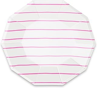 Daydream Society Frenchie Striped Large Paper Party Plates, Pack of 8, Cerise Pink