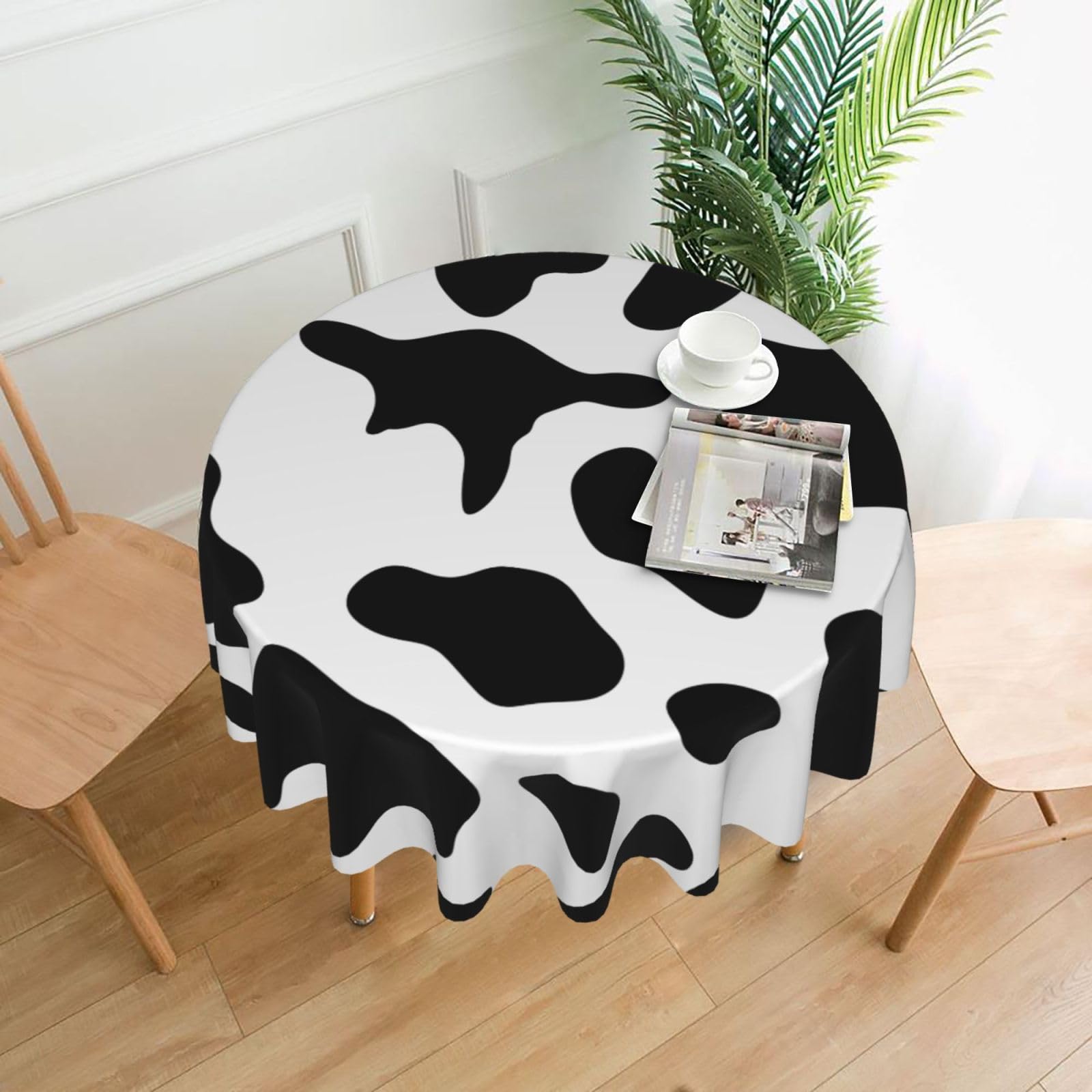 FodPand Black and White Cow Print Tablecloths for Round Tables 60 Inch - Reusable Washable Dining Table Clothes - Stain and Wrinkle Resistant Decorative Fabric Table Cover for Wedding Party