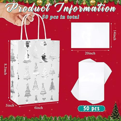 Miniatura 8 de Silkfly Paquete de 50 bolsas de regalo doradas de papel de aluminio de Navidad con asa de papel de seda, bolsa de regalo de copo de nieve de
