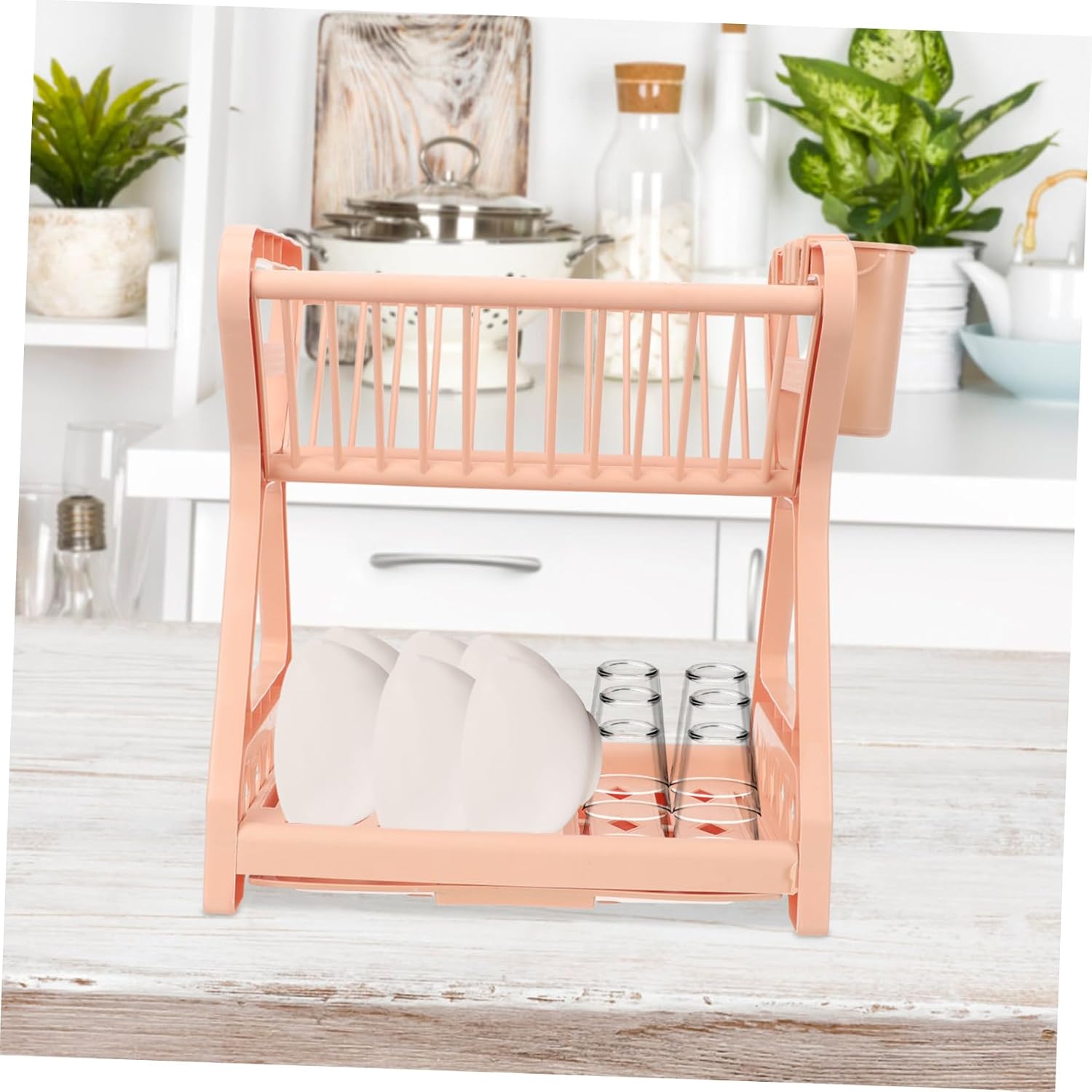 Double Layer Storage Plate Rack Plastic Desktop Organizer