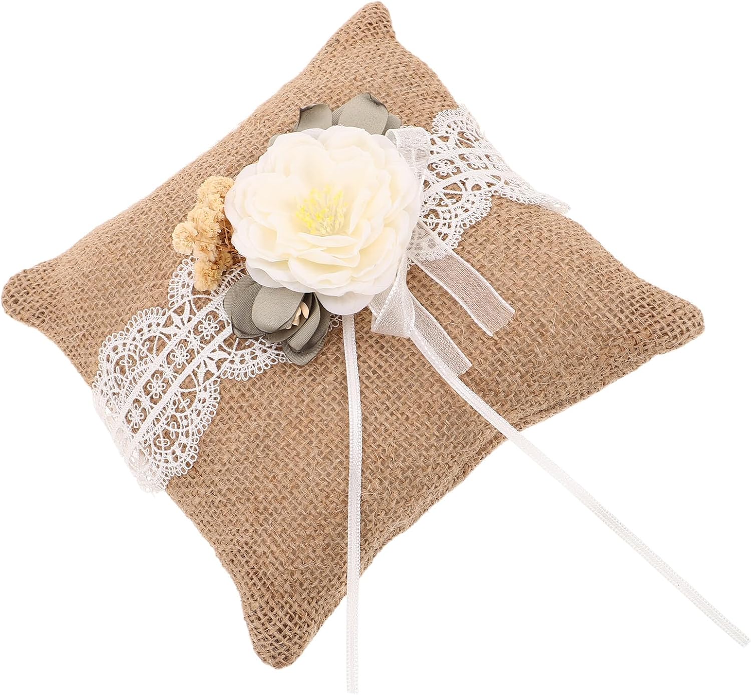 Rustic Burlap Lace Ring Bearer Pillow, Vintage Bridal Wedding Ring Cushion, Coffee Color Linen Fabric for Ceremony and Proposal Events