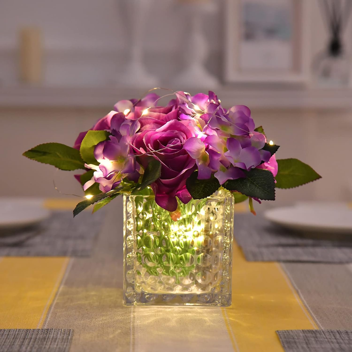 Fule Artificial Silk Rose Flower Centerpiece Arrangement in Glass Vase with LED Light for Home Wedding Decoration (Light Purple) - Image 4