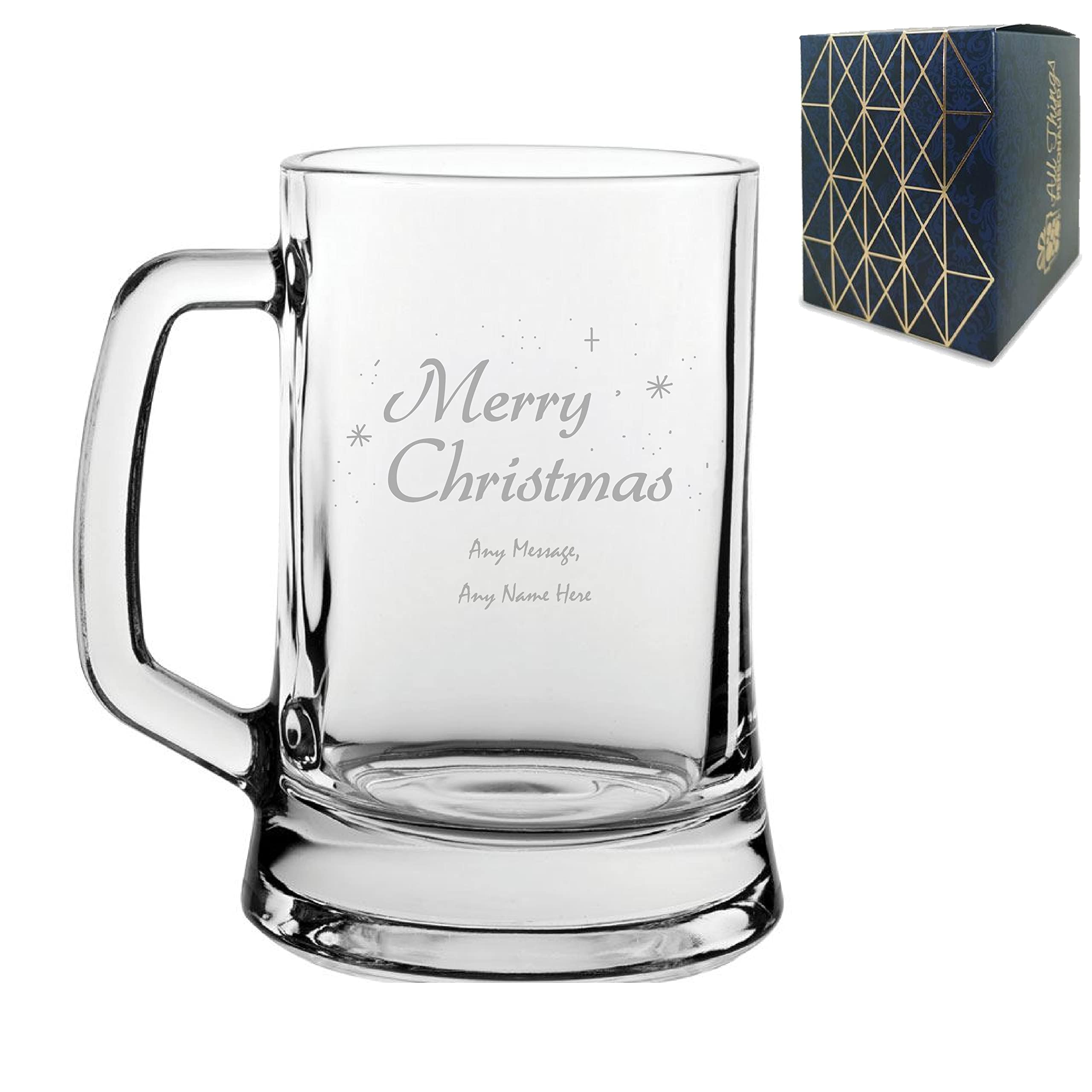 Personalised Engraved Merry Christmas Beer Mug Stein 16.75oz/495ml Tankard, Thoughtful Customised Gift, Laser Engraved in The UK, Dishwasher Safe Clear Glass, Dishwasher Safe