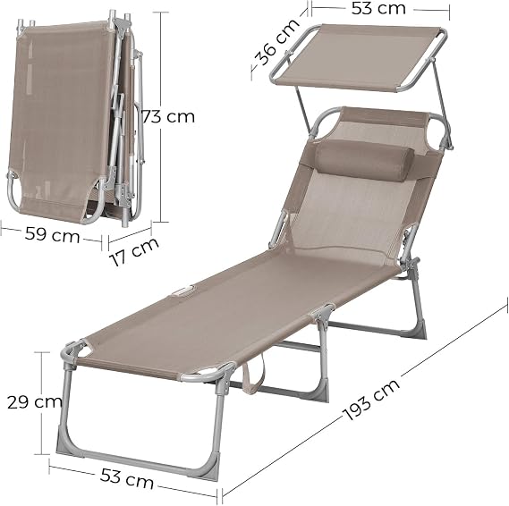 SONGMICS Katlanır Şezlong 193 x 53 x 29 cm, 150 kg Taşıma Kapasitesi, Bahçe, Havuz, Teras için Güneşlikli ve Yatar Sırtlıklı, Taupe GCB192K01