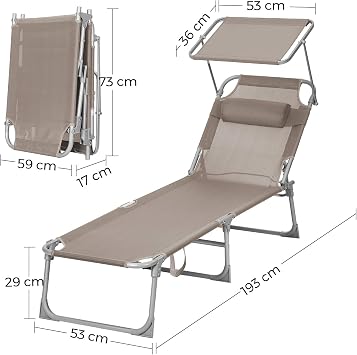 SONGMICS Katlanır Şezlong 193 x 53 x 29 cm, 150 kg Taşıma Kapasitesi, Bahçe, Havuz, Teras için Güneşlikli ve Yatar Sırtlıklı, Taupe GCB192K01