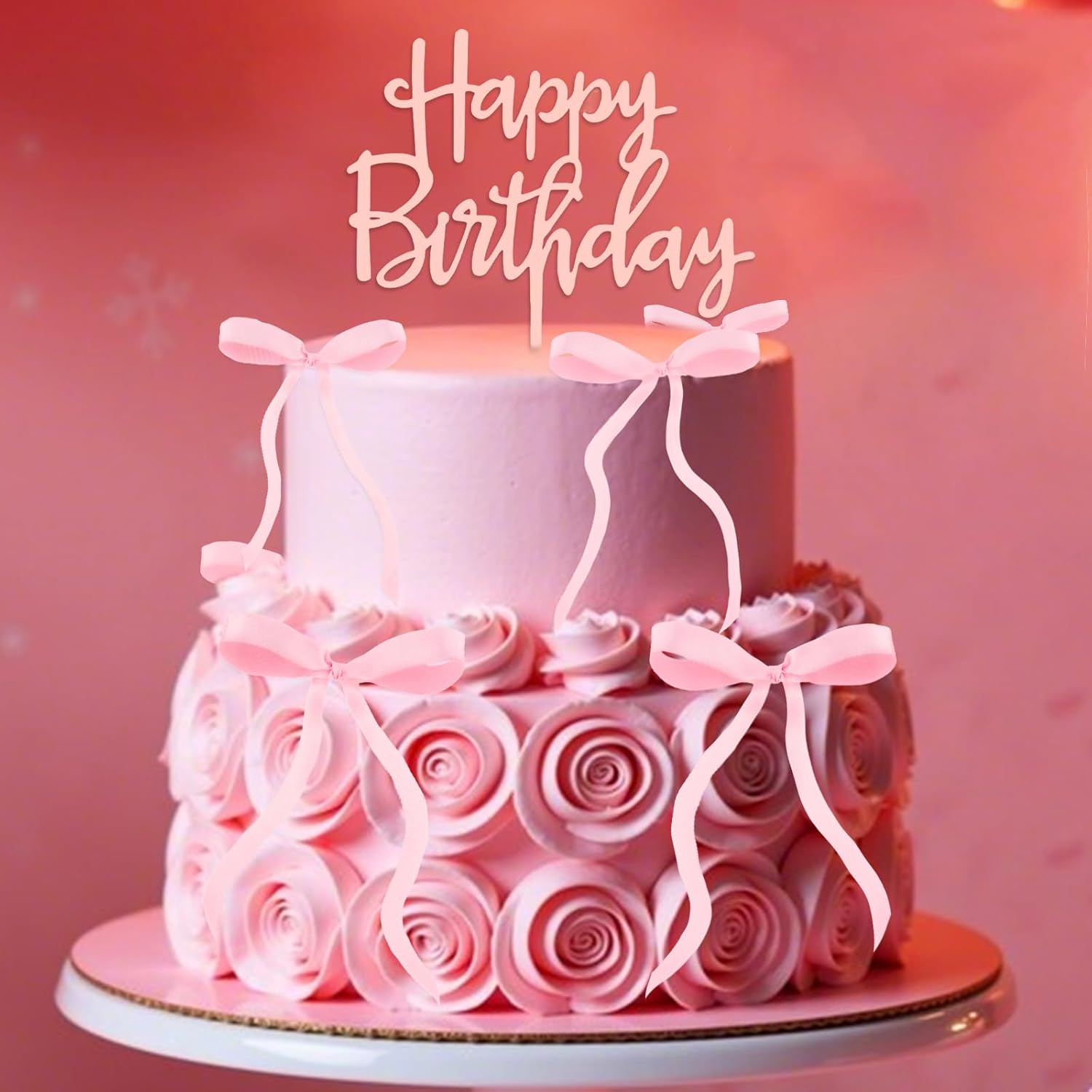 Jaciya Pink Bow Birthday Cake Topper Set with Happy Birthday Sign & Bow Cake Decorations Coquette Themed Cake Toppers