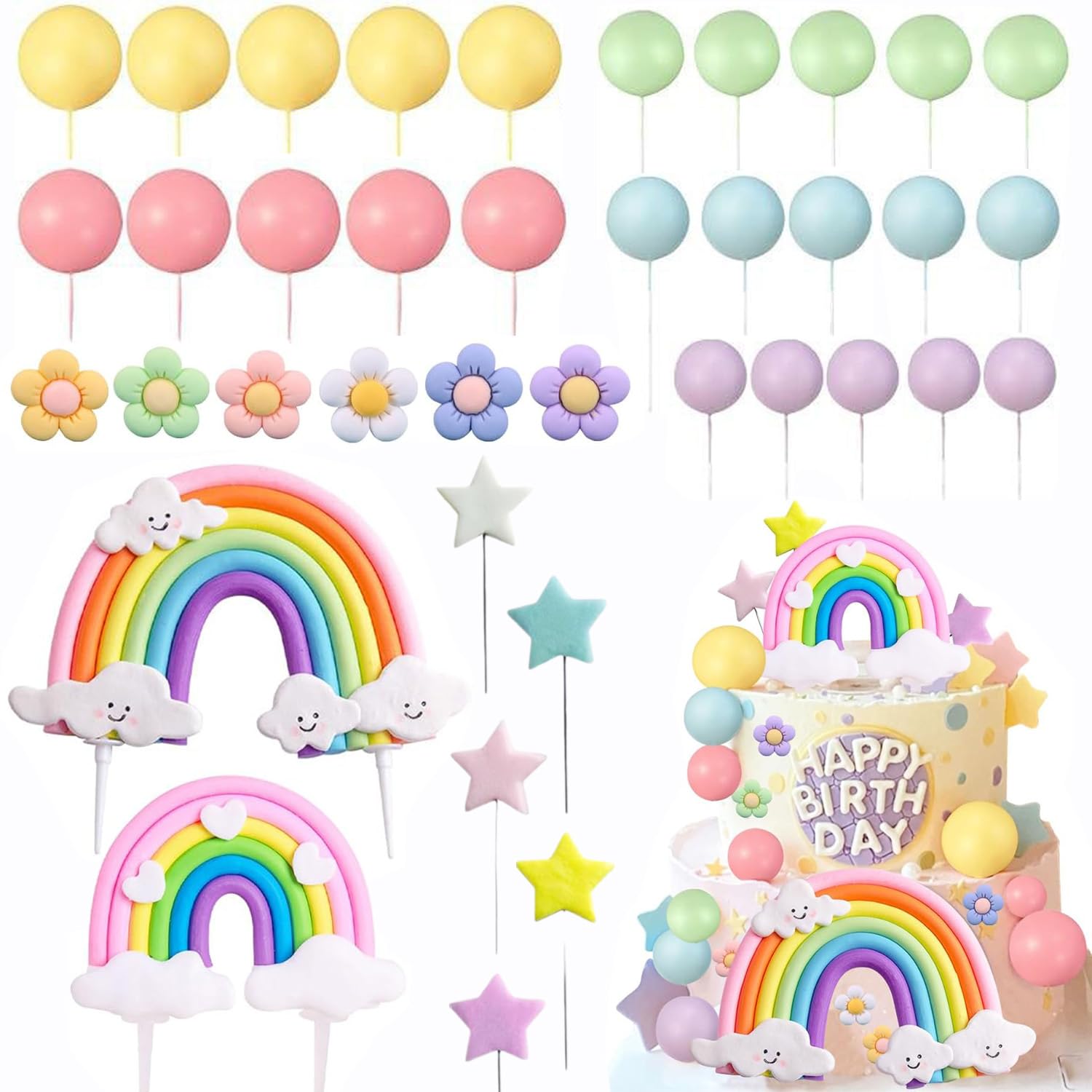 Rainbow Cake Topper Pastel Balls Cake Decorations Boho Cake Toppers for Birthday Wedding Baby Shower Rainbow Theme Party Decoration Supplies
