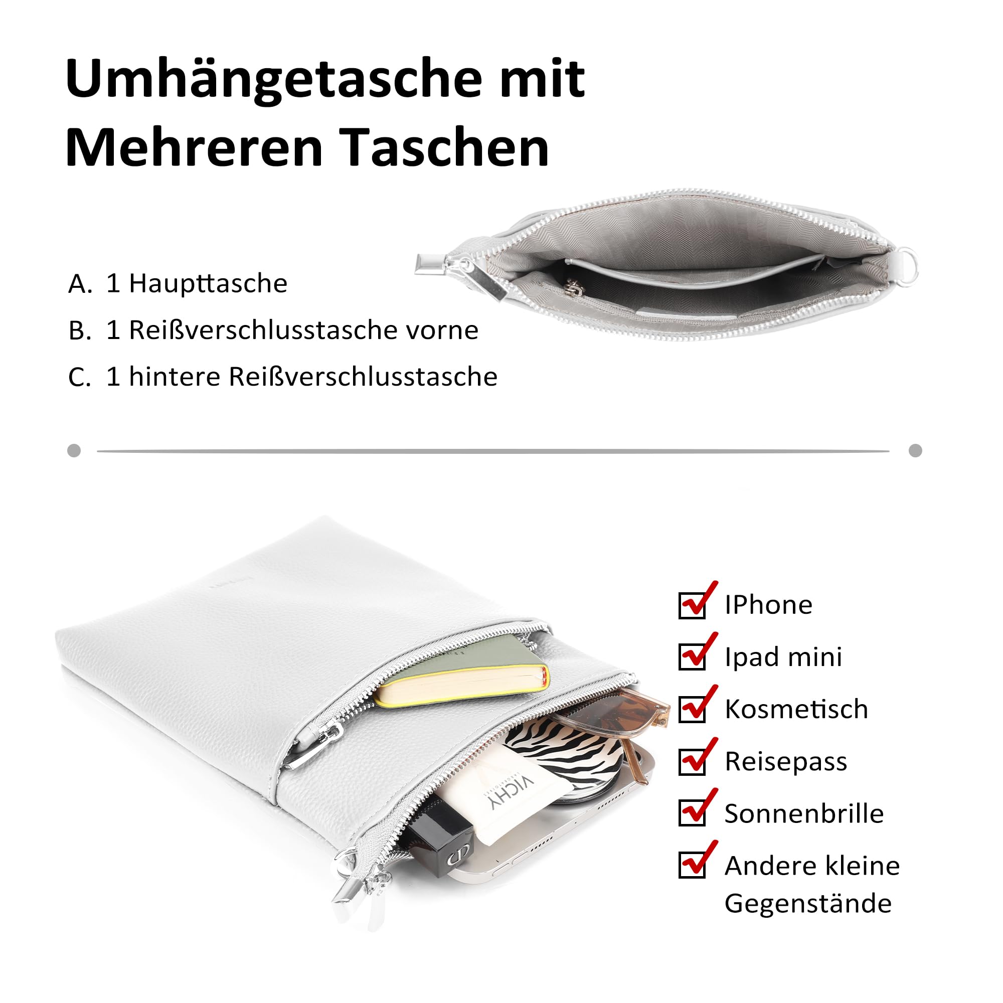 befen Echtleder Umhängetasche Damen Mittelgroß, Handtasche Damen Leder mit Handyfach, Klein Crossbody Bag Handytasche zum Umhängen mit Verstellbar Abnehmbar Schultergurt
