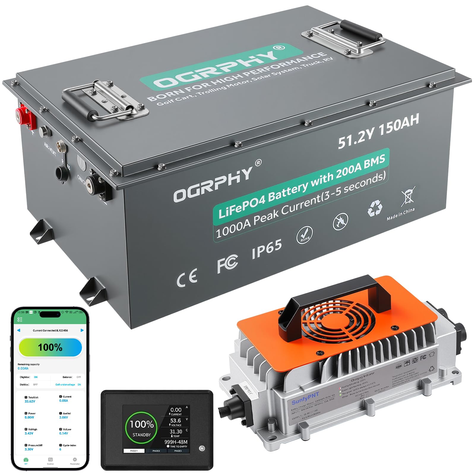 48V 150Ah Lithium Battery Golf Cart - LiFePO4 Conversion Kit with 200A BMS APP Touch Monitor 18A Fast