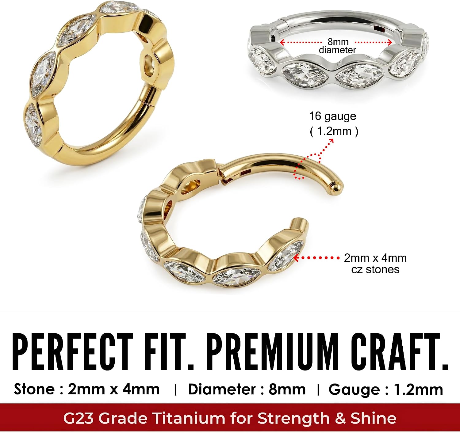 Multi Marquise CZ Eternity Design 16 Gauge G23 Grade Titanium Hinged Clicker Segment Ring - Hoop Cartilage - Daith Hoop - Segment Ring Body Jewelry