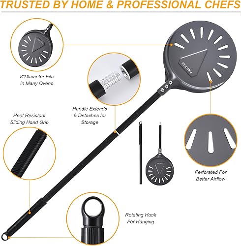 Miniatura 6 de Peladora de pizza giratoria, 8 pulgadas con mango de 25 pulgadas, espátula de pizza de torneado de aluminio anodizado profesional, 33 pulgadas en