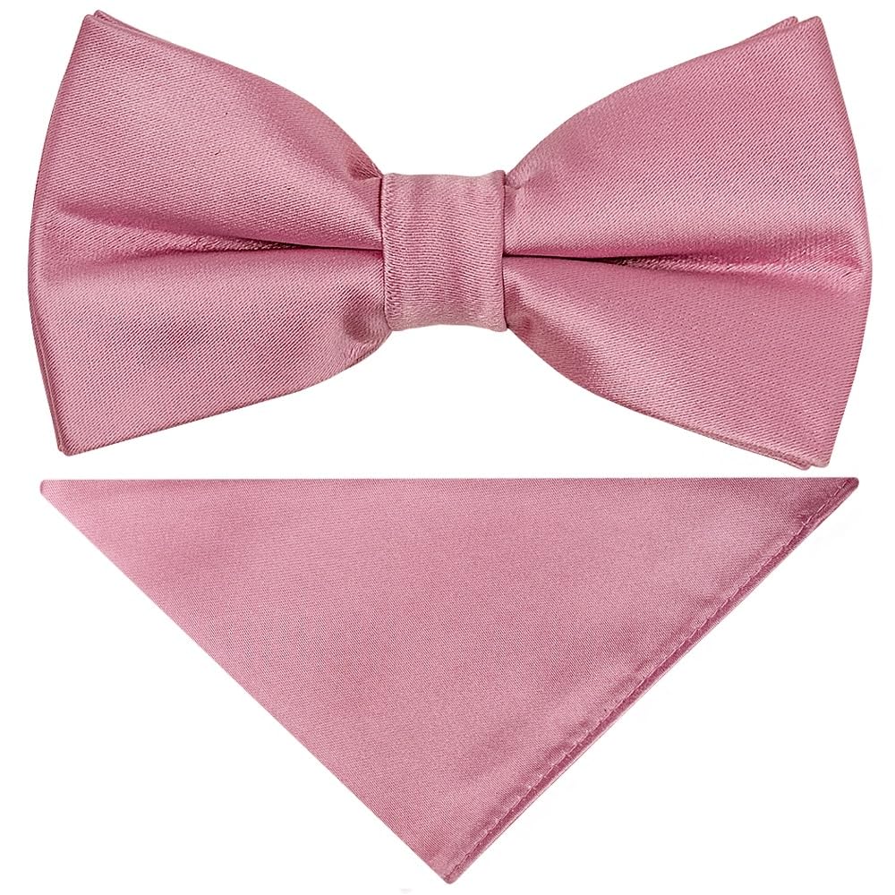 Pre Tied Plain Dusty Pink Satin Boys Bow Tie and Pocket Square Set Age 4-7 Kids
