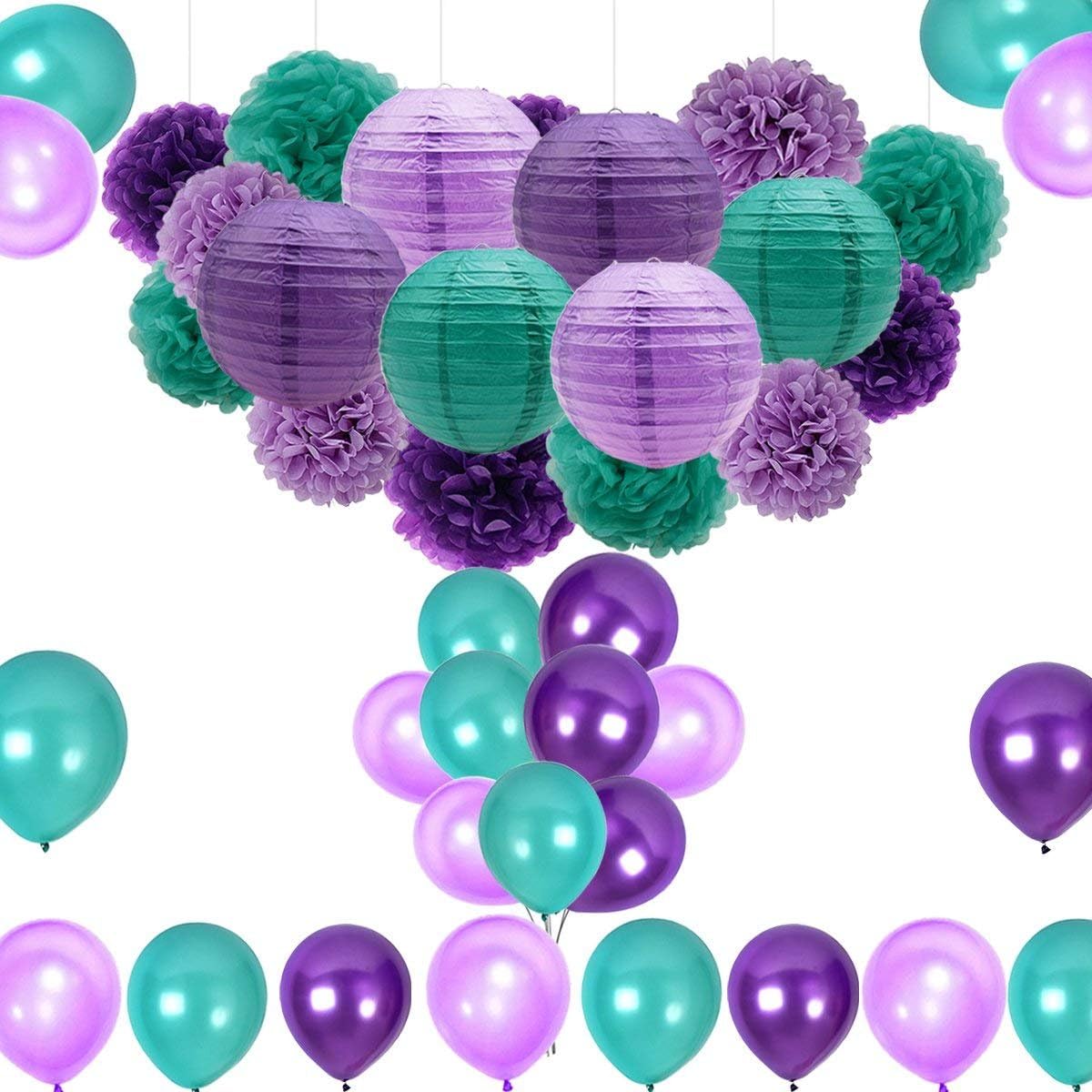 Mermaid Party Decorations/Under The Sea Party Supplies 36pcs Teal Lavender Purple Pom Poms Lanterns Balloons for Mermaid Birthday Party Supplies Baby Shower Decorations Frozen Party Supplies