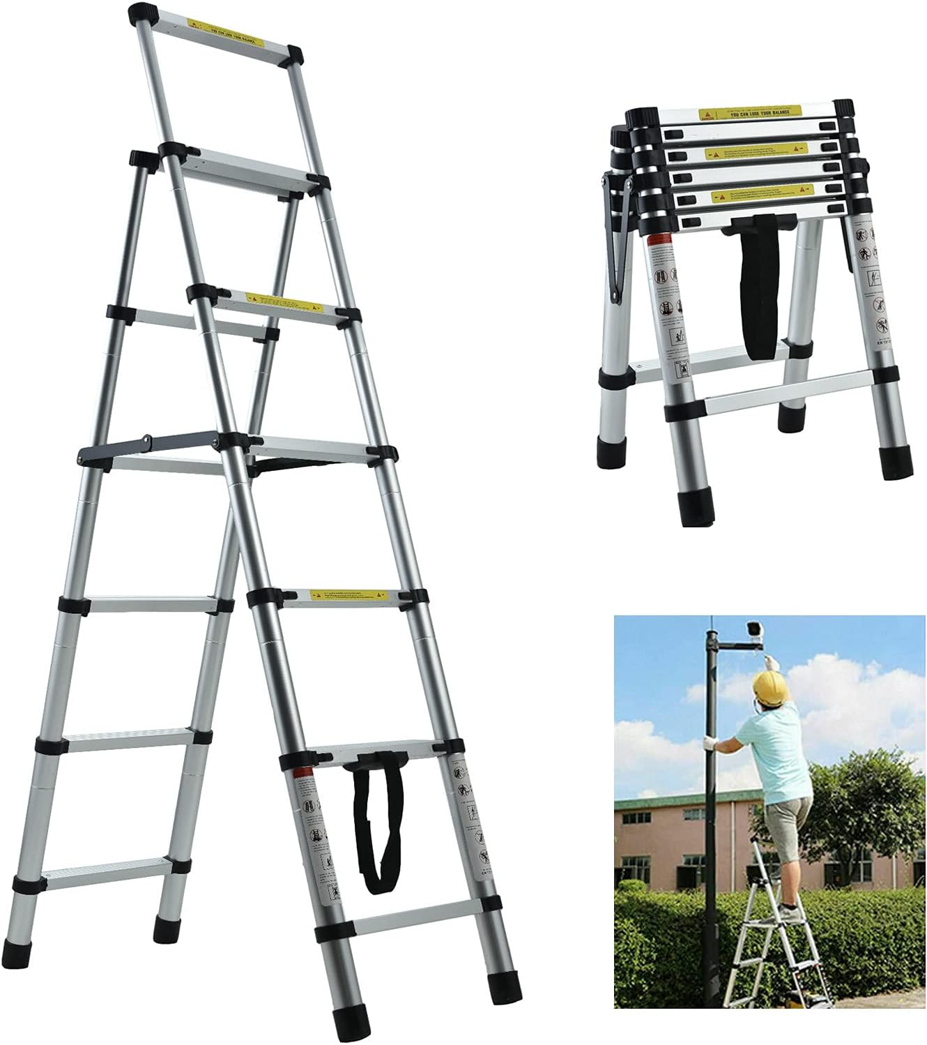 Extension Ladder 5+6 Step Ladders for Home Aluminium Herringbone Ladder 5.34FT Telescoping Ladder Type A Frame Portable Compact Attic Ladder, 330lbs Load Capacity, for Loft Extendable Ladders