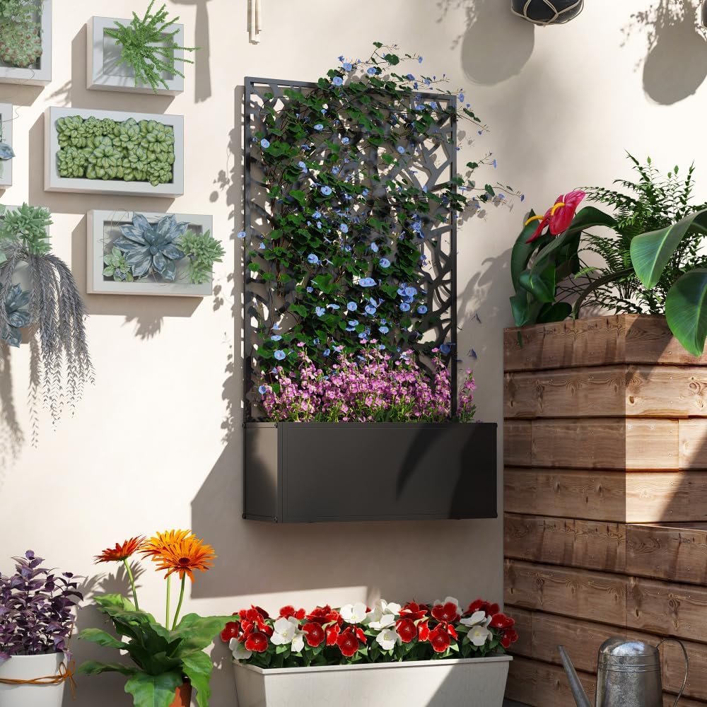 Metal Raised Garden Bed with Trellis, Freestanding or Wall Mounted Planter Box with Privacy Panel for Patio, Balcony, Outdoor Decor, 24" L